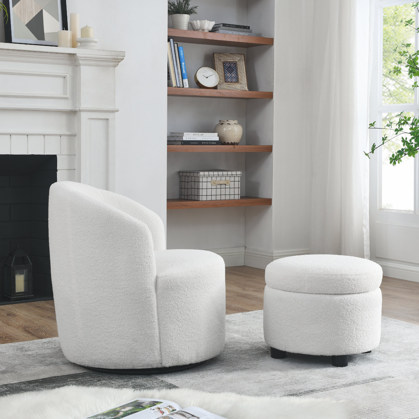 Swivel barrel chair, living room swivel chair with round storage chair, 360 ° swivel club chair, nursery, bedroom, office, hotel with upholstered modern armchair, teddy fabric