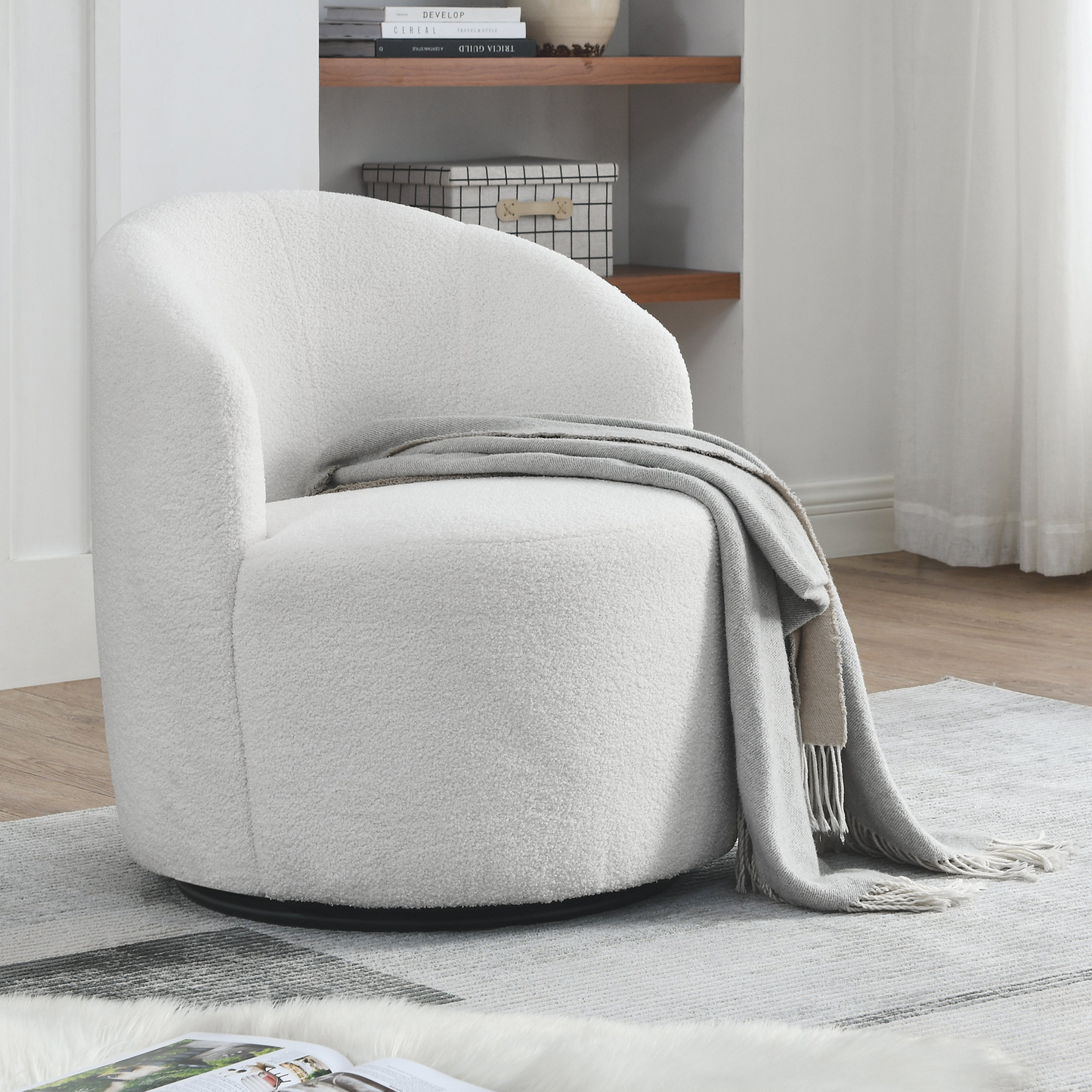 Swivel barrel chair, living room swivel chair with round storage chair, 360 ° swivel club chair, nursery, bedroom, office, hotel with upholstered modern armchair, teddy fabric