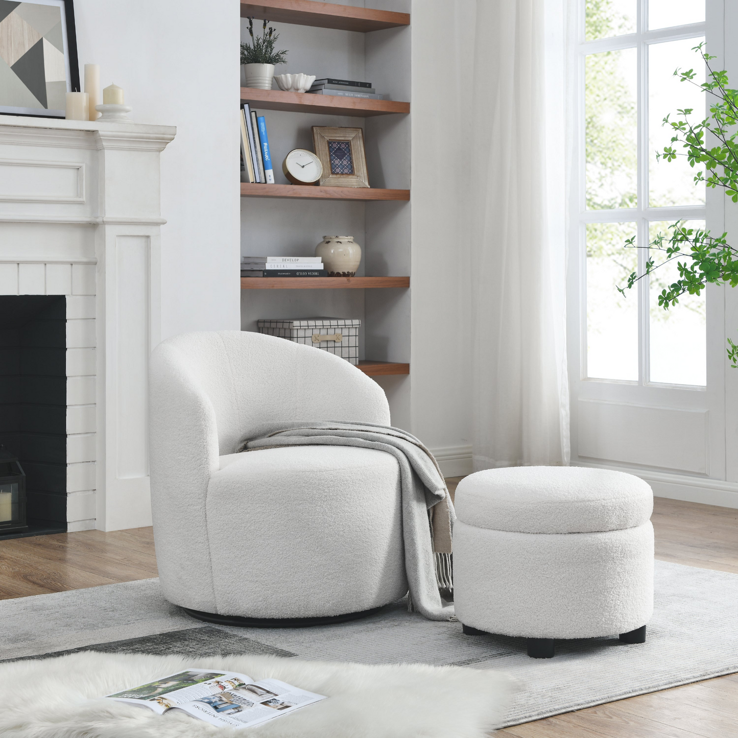 Swivel barrel chair, living room swivel chair with round storage chair, 360 ° swivel club chair, nursery, bedroom, office, hotel with upholstered modern armchair, teddy fabric