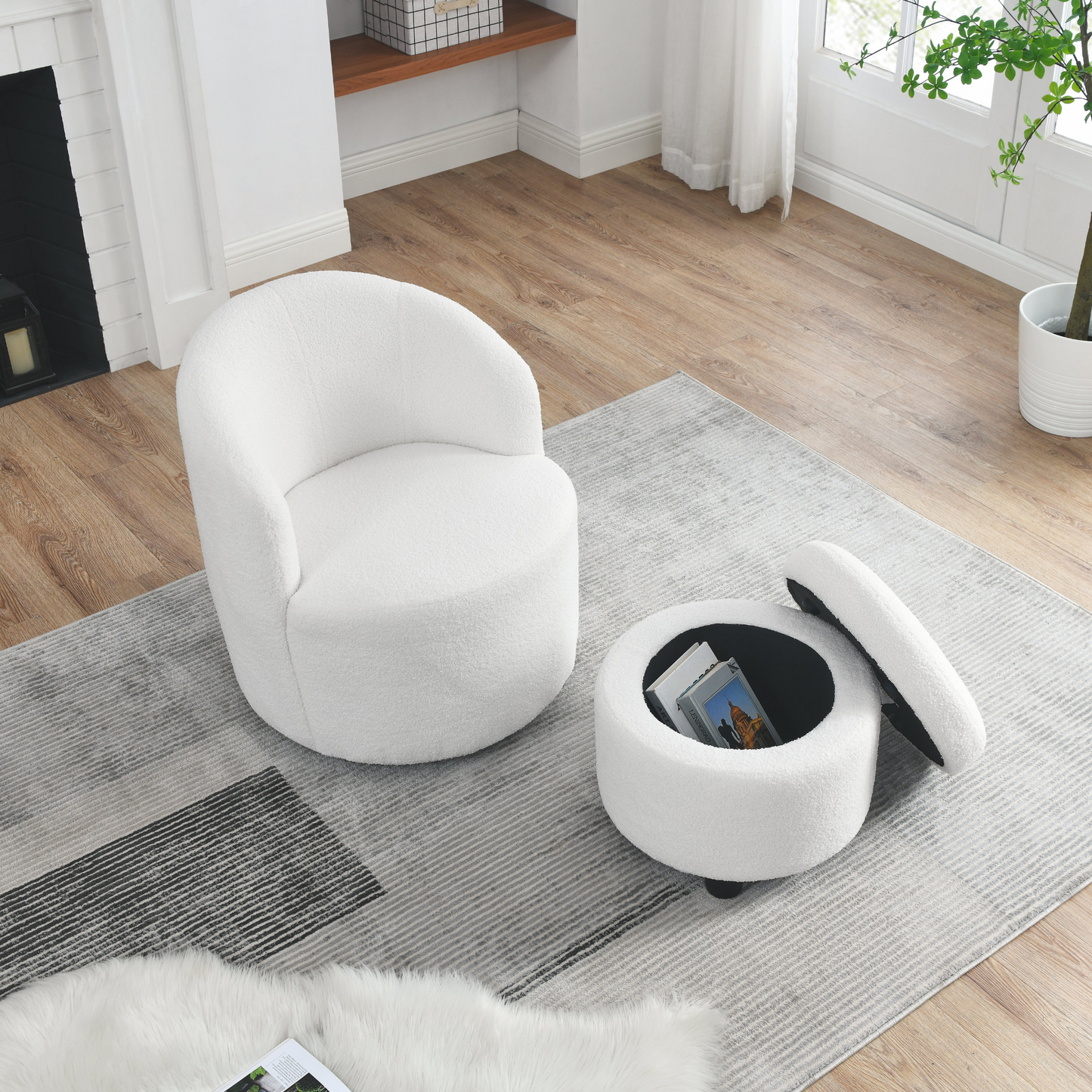 Swivel barrel chair, living room swivel chair with round storage chair, 360 ° swivel club chair, nursery, bedroom, office, hotel with upholstered modern armchair, teddy fabric