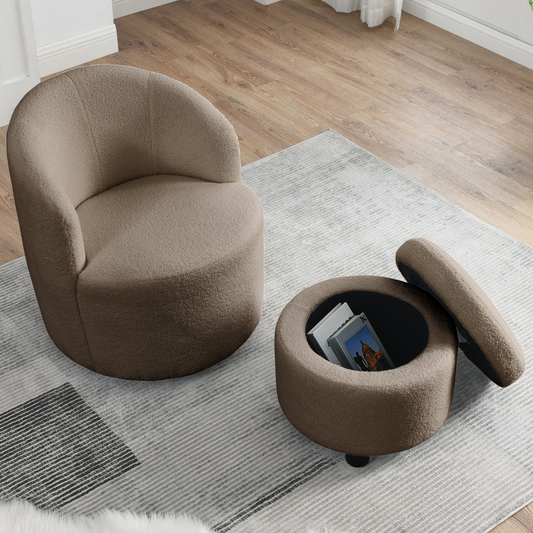 Swivel barrel chair, living room swivel chair with round storage chair, 360 ° swivel club chair, nursery, bedroom, office, hotel with upholstered modern armchair, teddy fabric