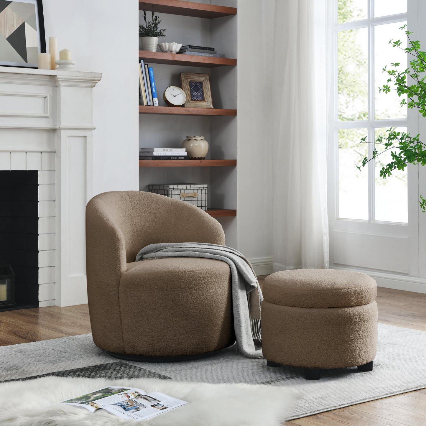 Swivel barrel chair, living room swivel chair with round storage chair, 360 ° swivel club chair, nursery, bedroom, office, hotel with upholstered modern armchair, teddy fabric