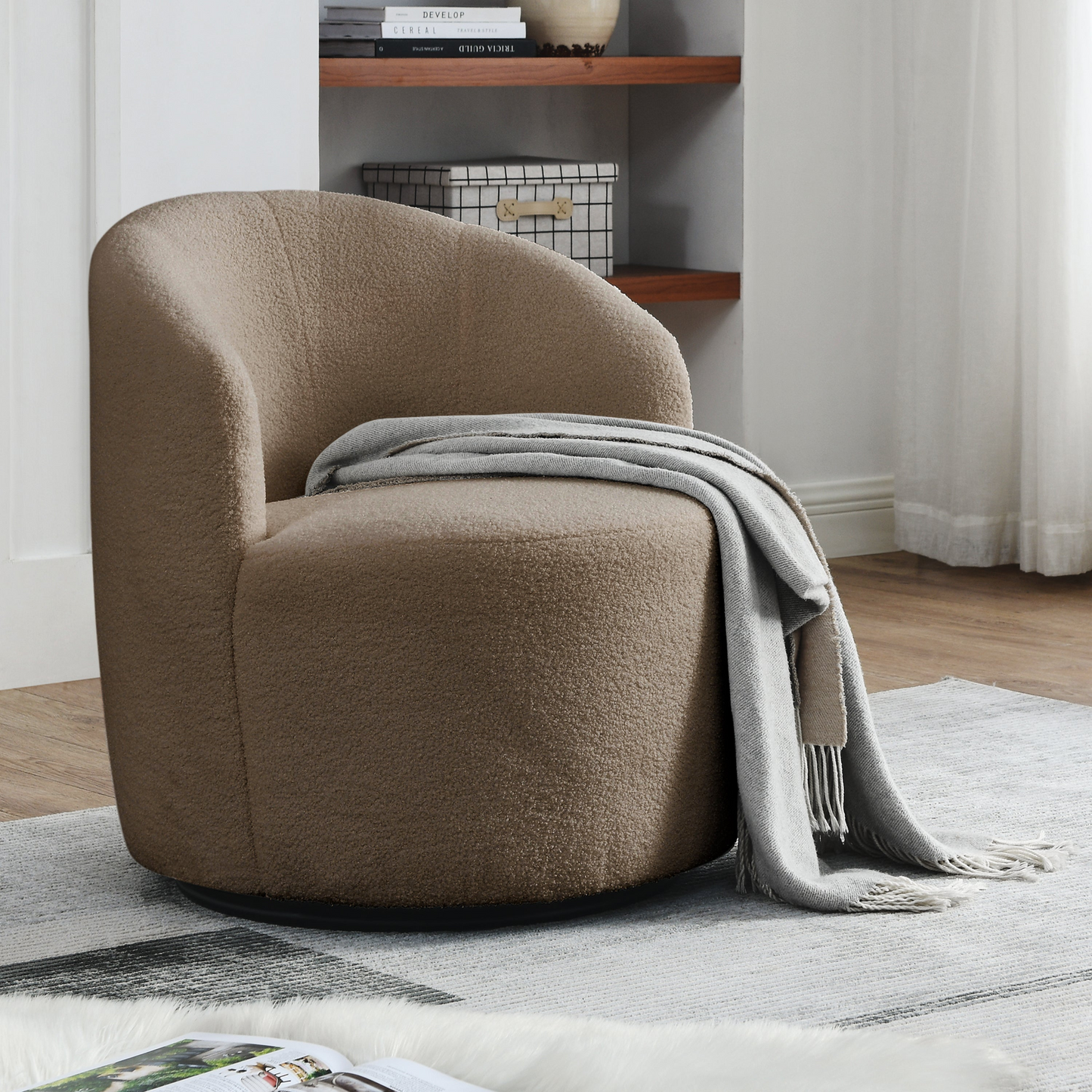 Swivel barrel chair, living room swivel chair with round storage chair, 360 ° swivel club chair, nursery, bedroom, office, hotel with upholstered modern armchair, teddy fabric