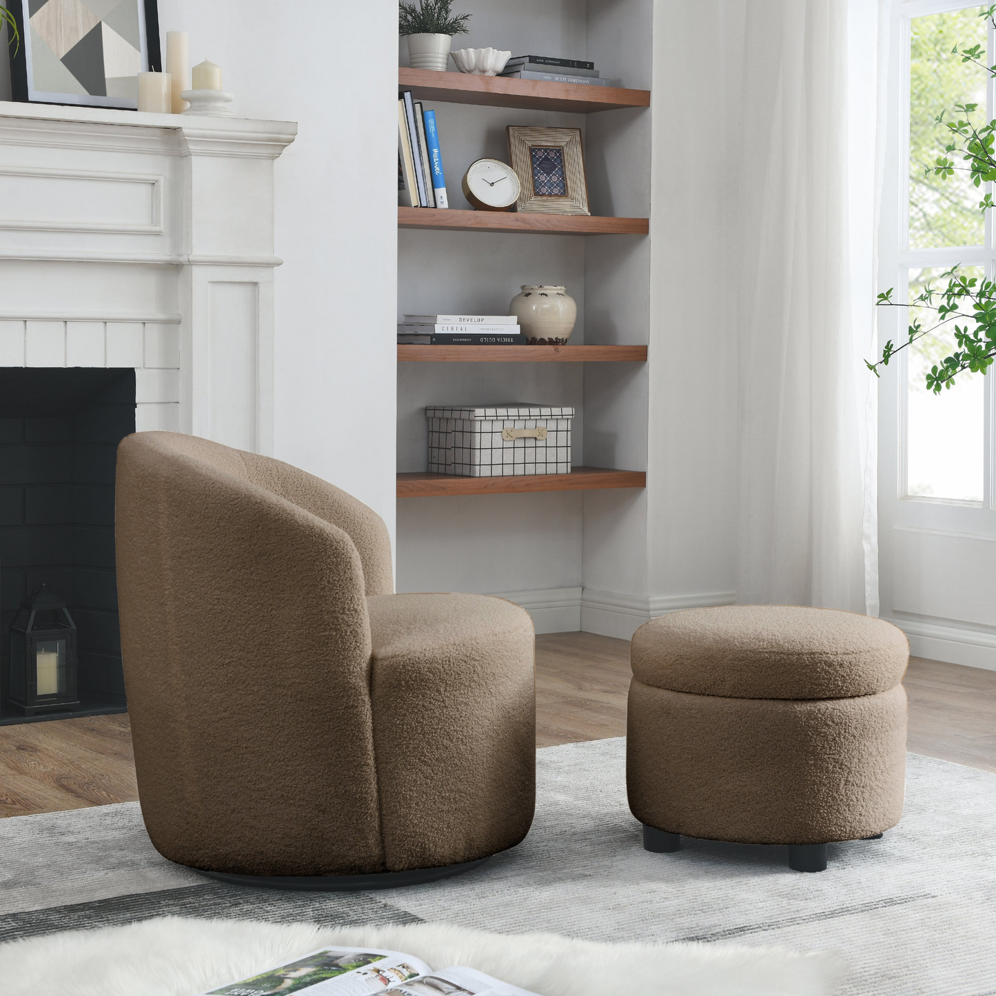 Swivel barrel chair, living room swivel chair with round storage chair, 360 ° swivel club chair, nursery, bedroom, office, hotel with upholstered modern armchair, teddy fabric