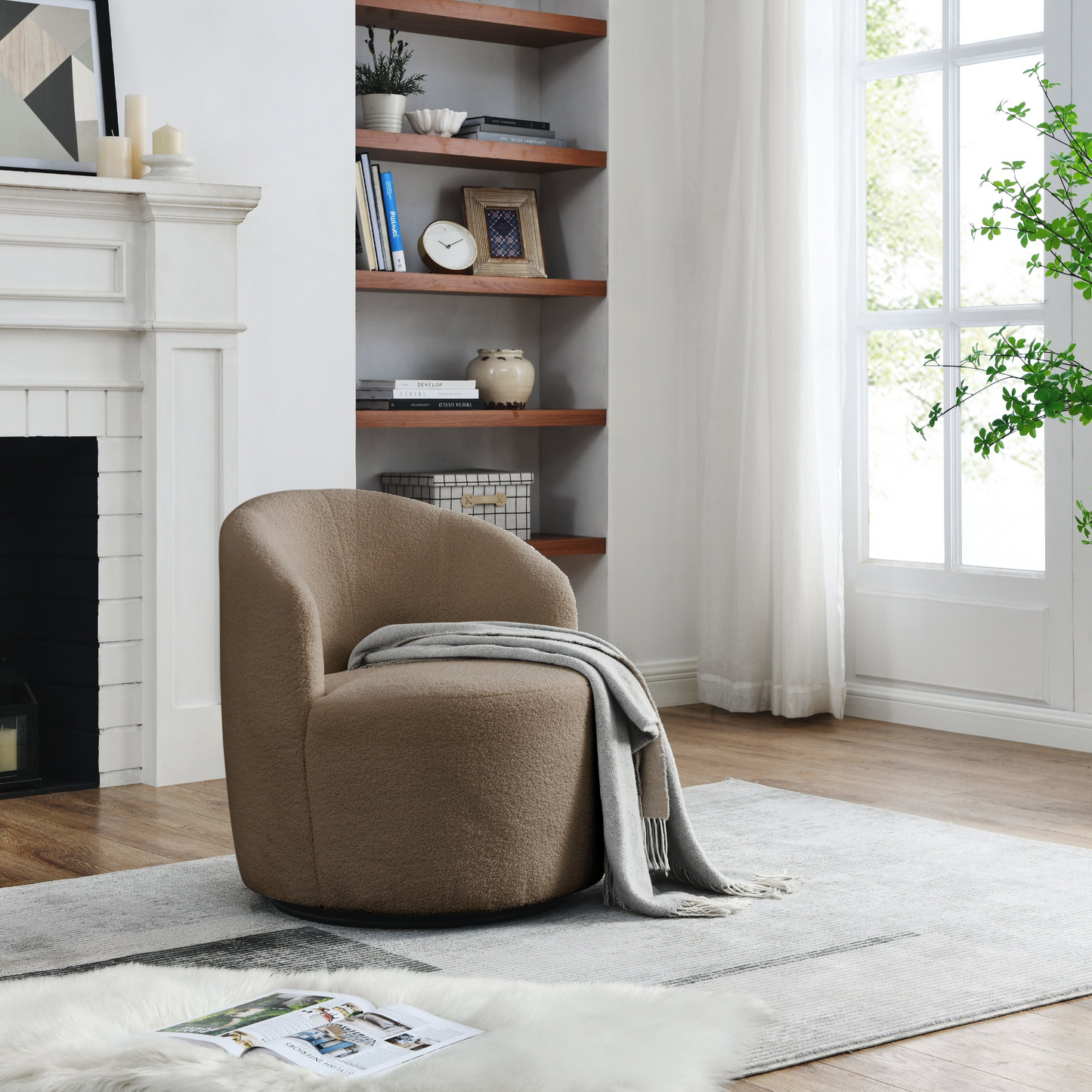 Swivel barrel chair, living room swivel chair with round storage chair, 360 ° swivel club chair, nursery, bedroom, office, hotel with upholstered modern armchair, teddy fabric