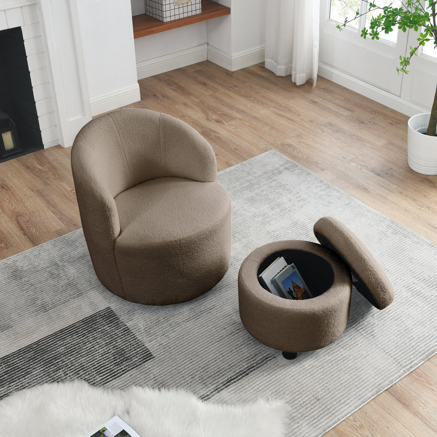 Swivel barrel chair, living room swivel chair with round storage chair, 360 ° swivel club chair, nursery, bedroom, office, hotel with upholstered modern armchair, teddy fabric