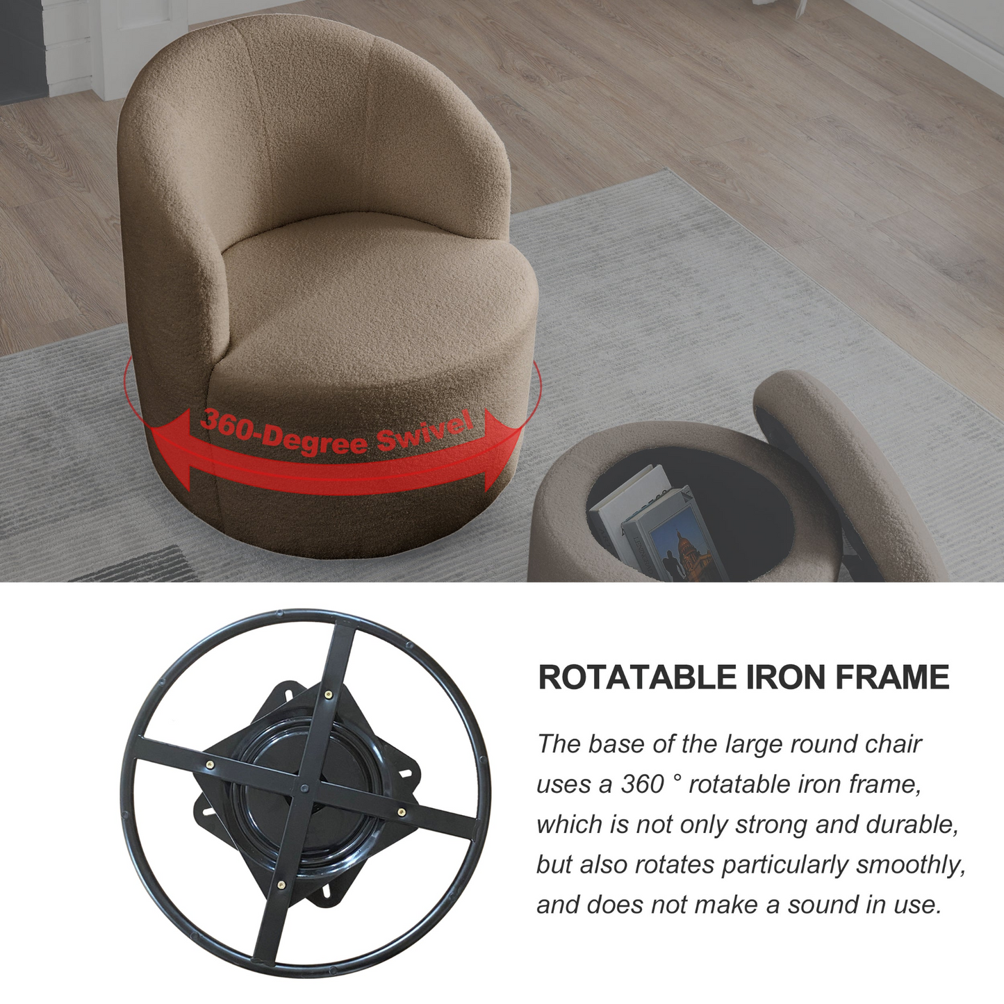 Swivel barrel chair, living room swivel chair with round storage chair, 360 ° swivel club chair, nursery, bedroom, office, hotel with upholstered modern armchair, teddy fabric