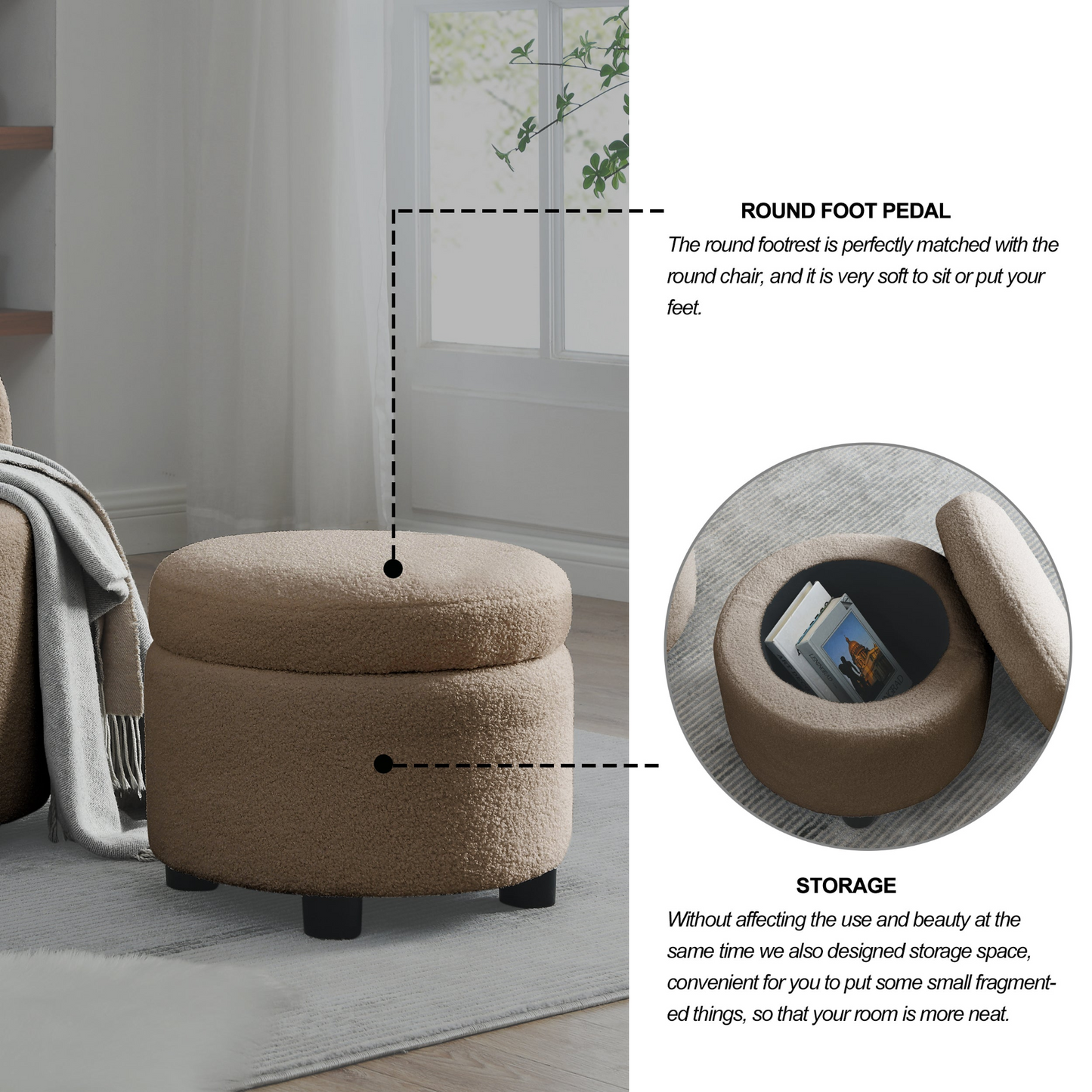 Swivel barrel chair, living room swivel chair with round storage chair, 360 ° swivel club chair, nursery, bedroom, office, hotel with upholstered modern armchair, teddy fabric