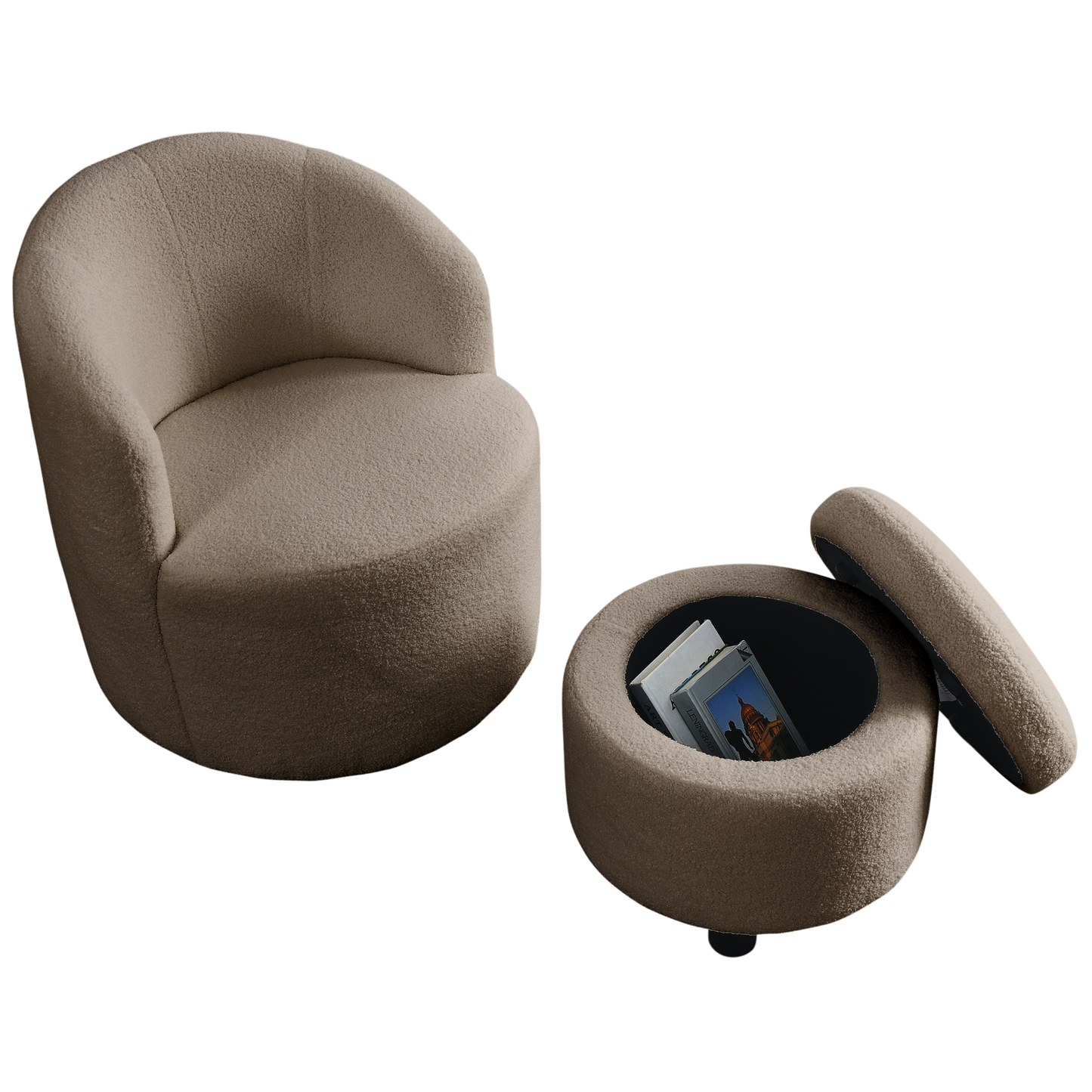 Swivel barrel chair, living room swivel chair with round storage chair, 360 ° swivel club chair, nursery, bedroom, office, hotel with upholstered modern armchair, teddy fabric