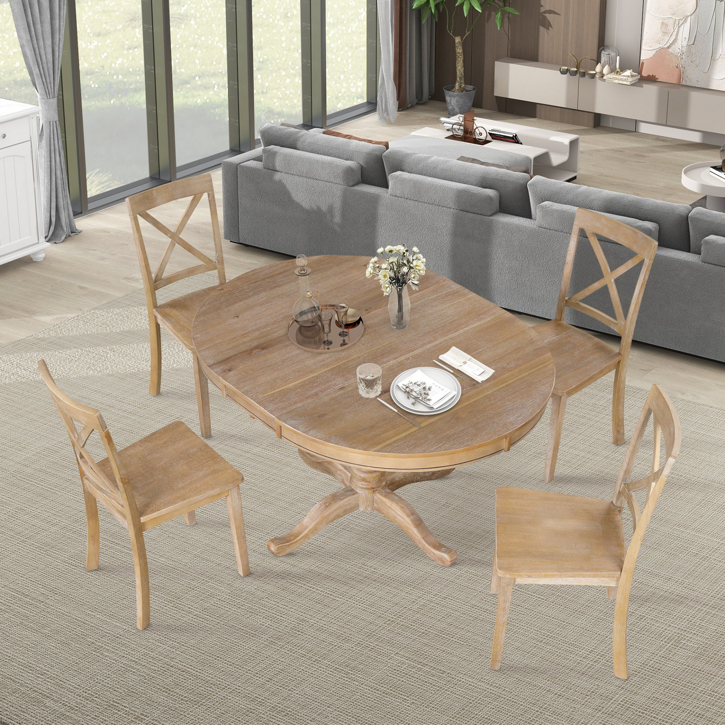 Modern Dining Table Set, Natural Wood Wash -5 pcs.