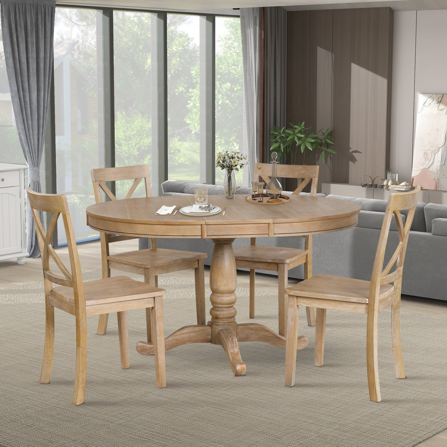 Modern Dining Table Set, Natural Wood Wash -5 pcs.