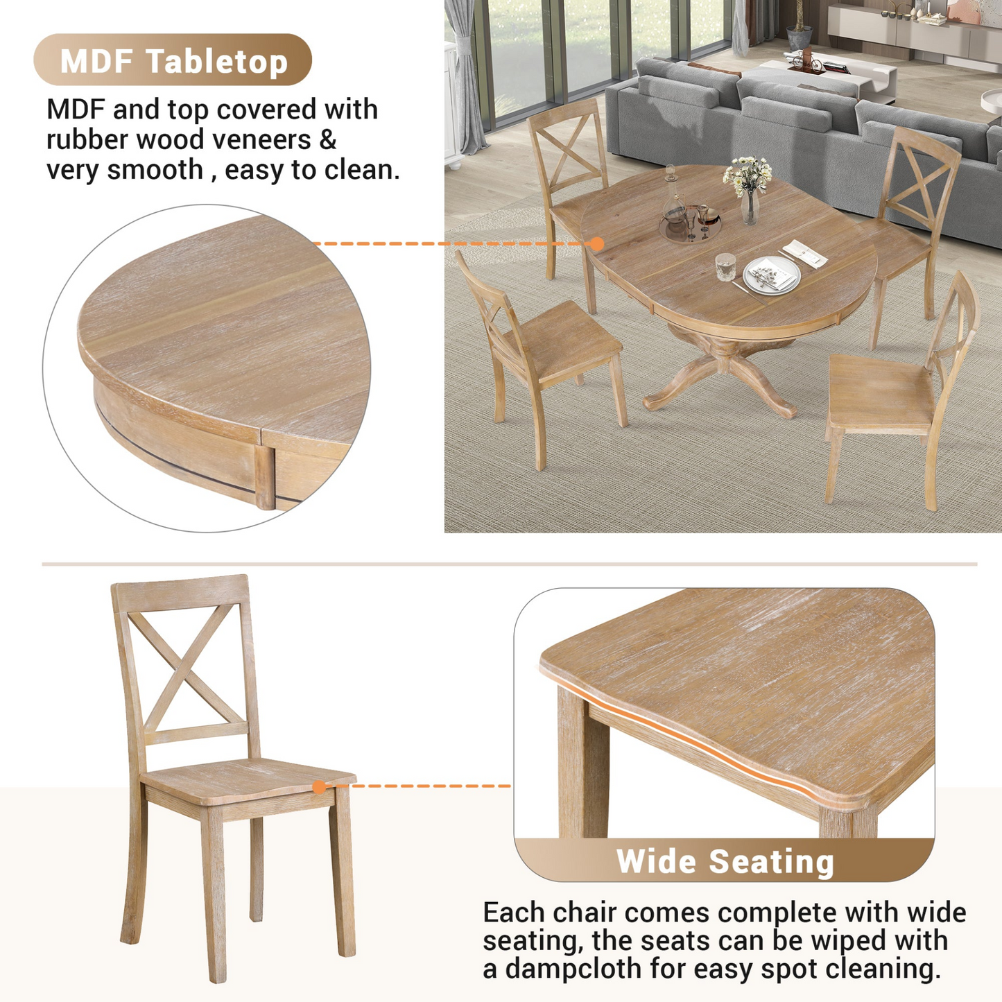 Modern Dining Table Set, Natural Wood Wash -5 pcs.