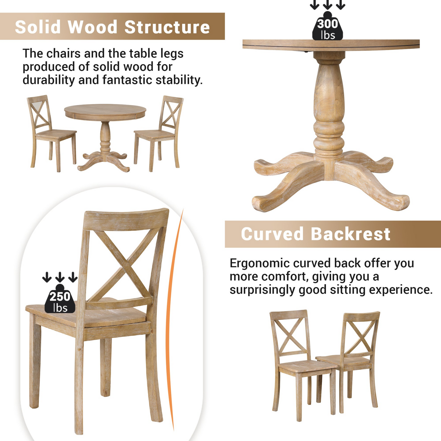 Modern Dining Table Set, Natural Wood Wash -5 pcs.