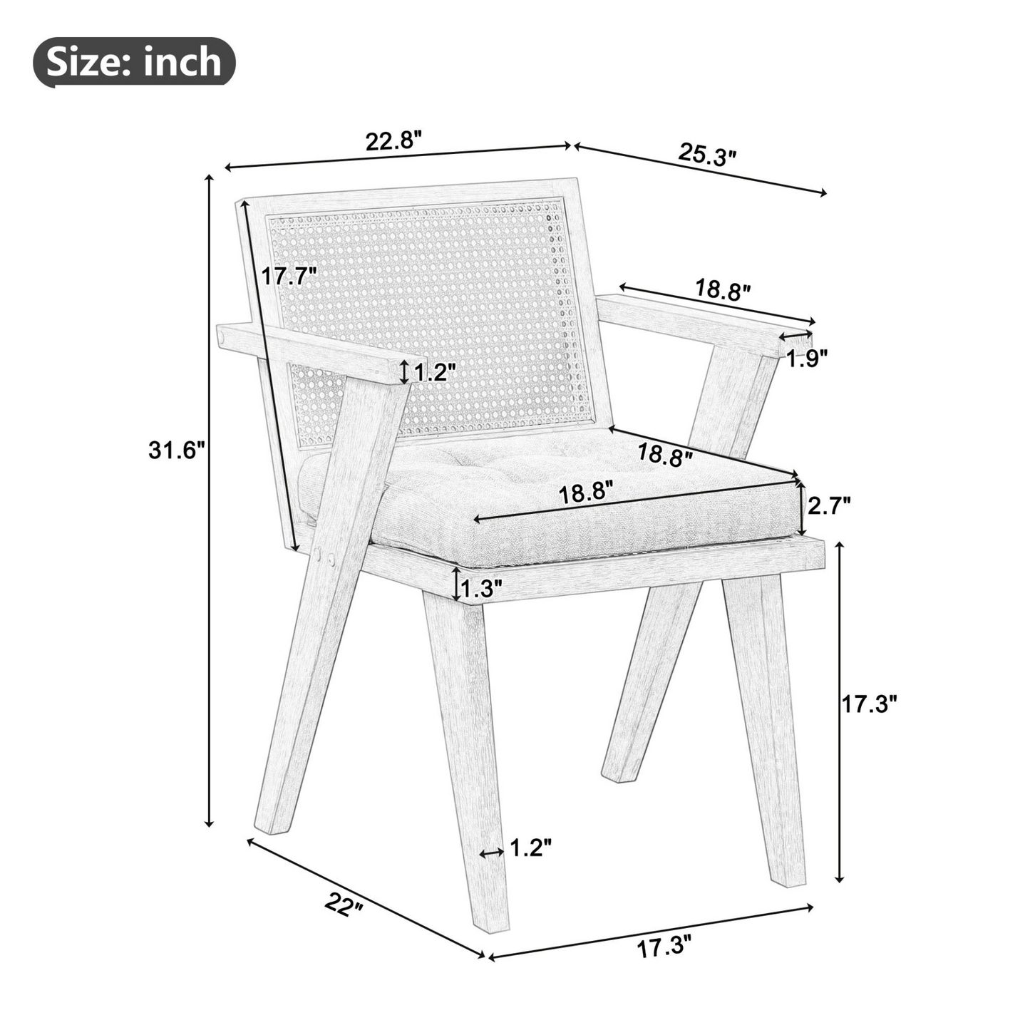 Mid-Century Accent Chair with Handcrafted Rattan Backrest and Padded Seat for Leisure, Bedroom, Kitchen, Living Room, Enterway, Natural