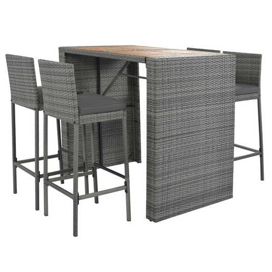 Outdoor Patio Wicker Bar Set, Bar Height Chairs w/Non-Slip Feet and Fixed Rope, Removable Cushion, Acacia Wood Table Top, Brown Wood And Gray Wicker -5 pcs.