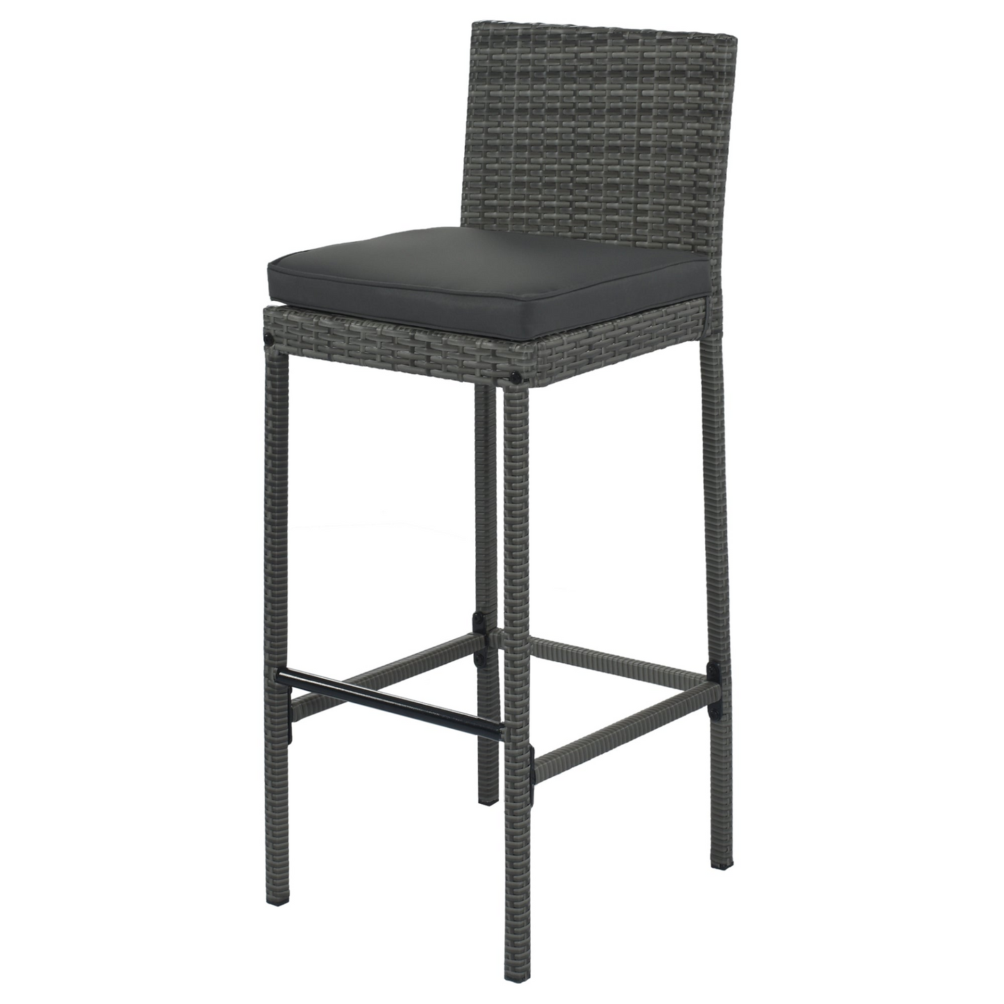 Outdoor Patio Wicker Bar Set, Bar Height Chairs w/Non-Slip Feet and Fixed Rope, Removable Cushion, Acacia Wood Table Top, Brown Wood And Gray Wicker -5 pcs.