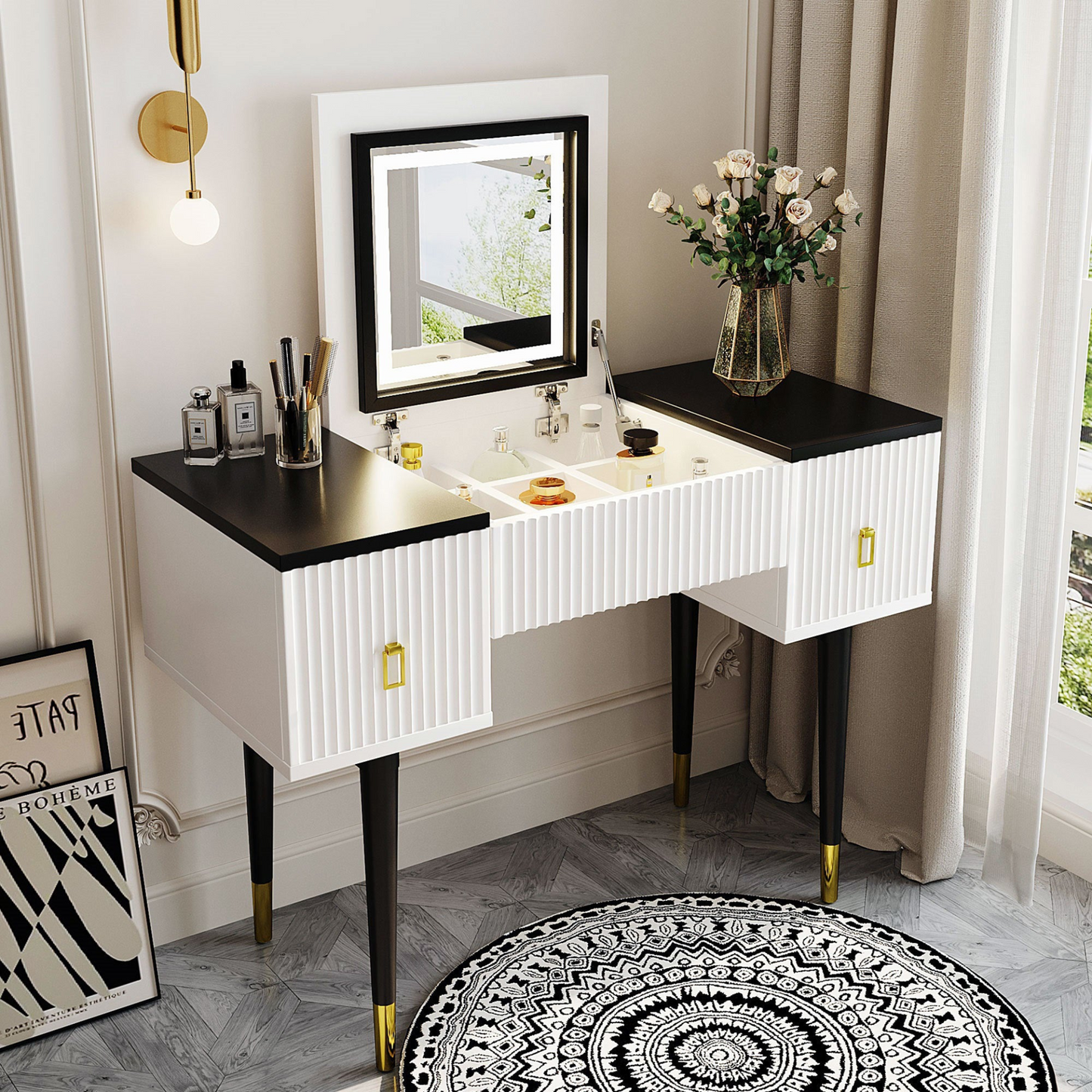 Modern Vanity Table Set w/Flip-top Mirror and LED Light