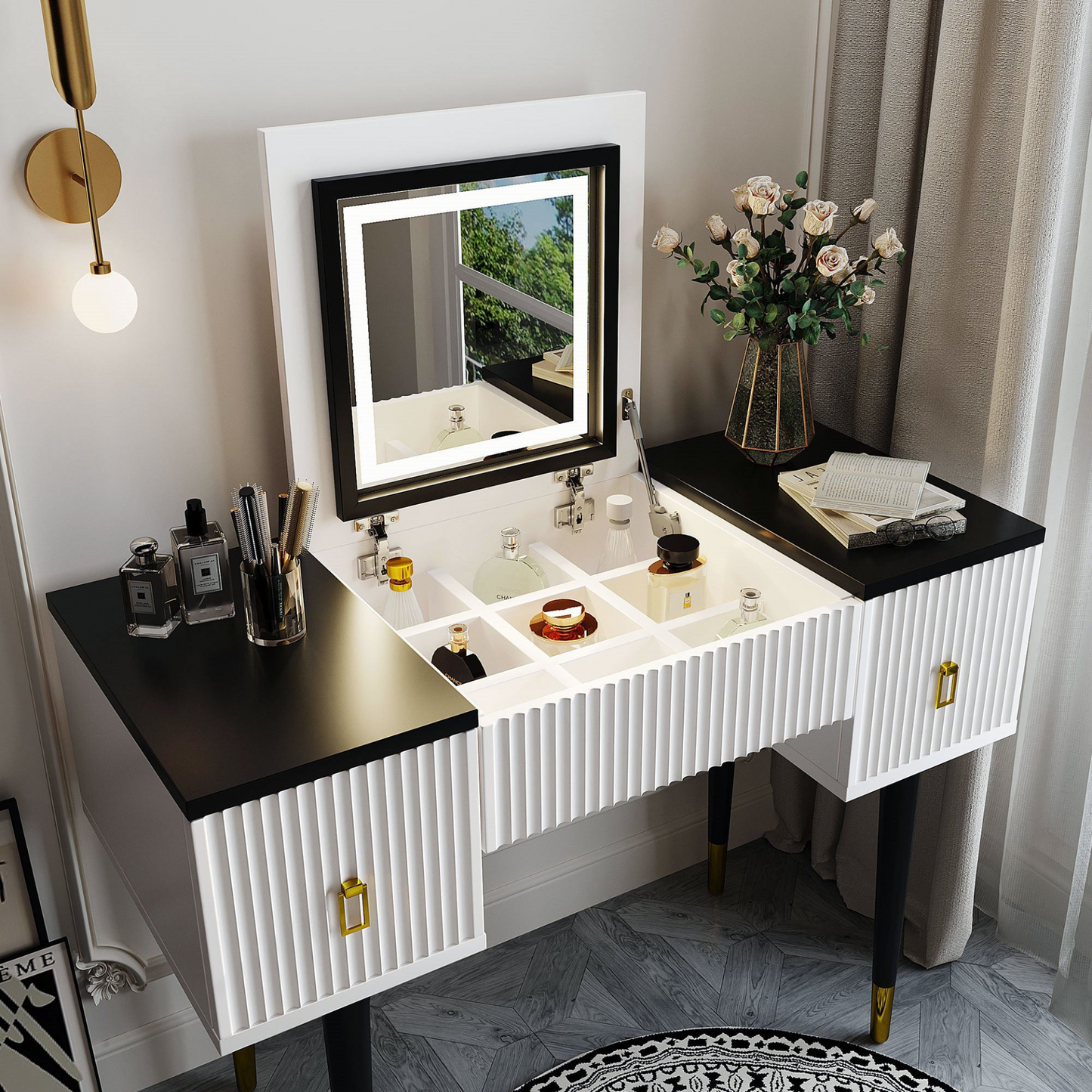 Modern Vanity Table Set w/Flip-top Mirror and LED Light