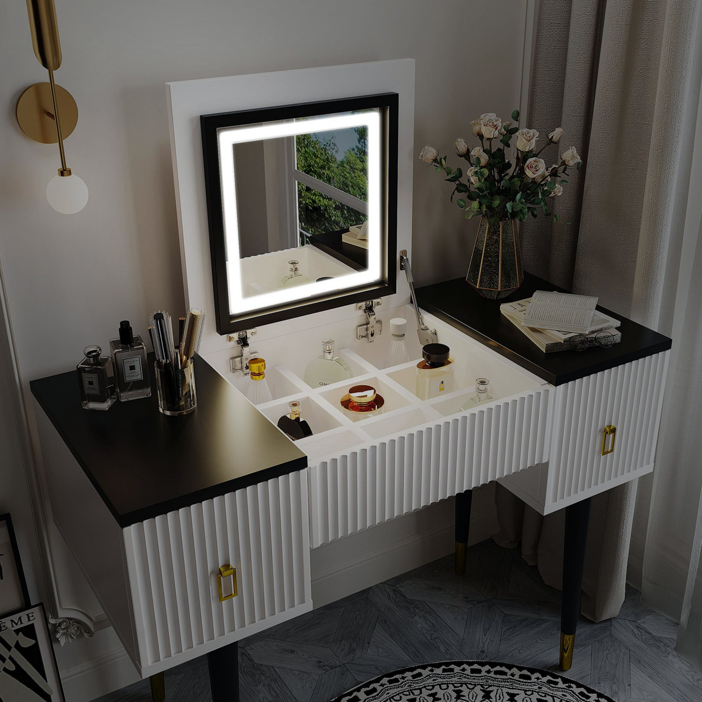 Modern Vanity Table Set w/Flip-top Mirror and LED Light