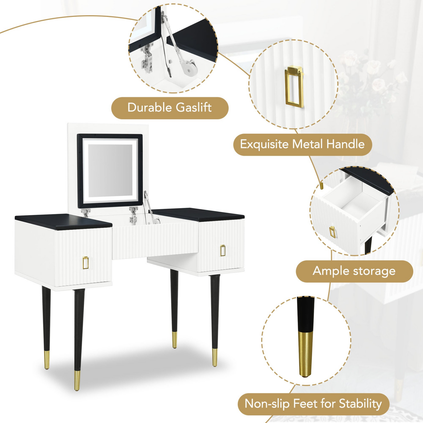 Modern Vanity Table Set w/Flip-top Mirror and LED Light