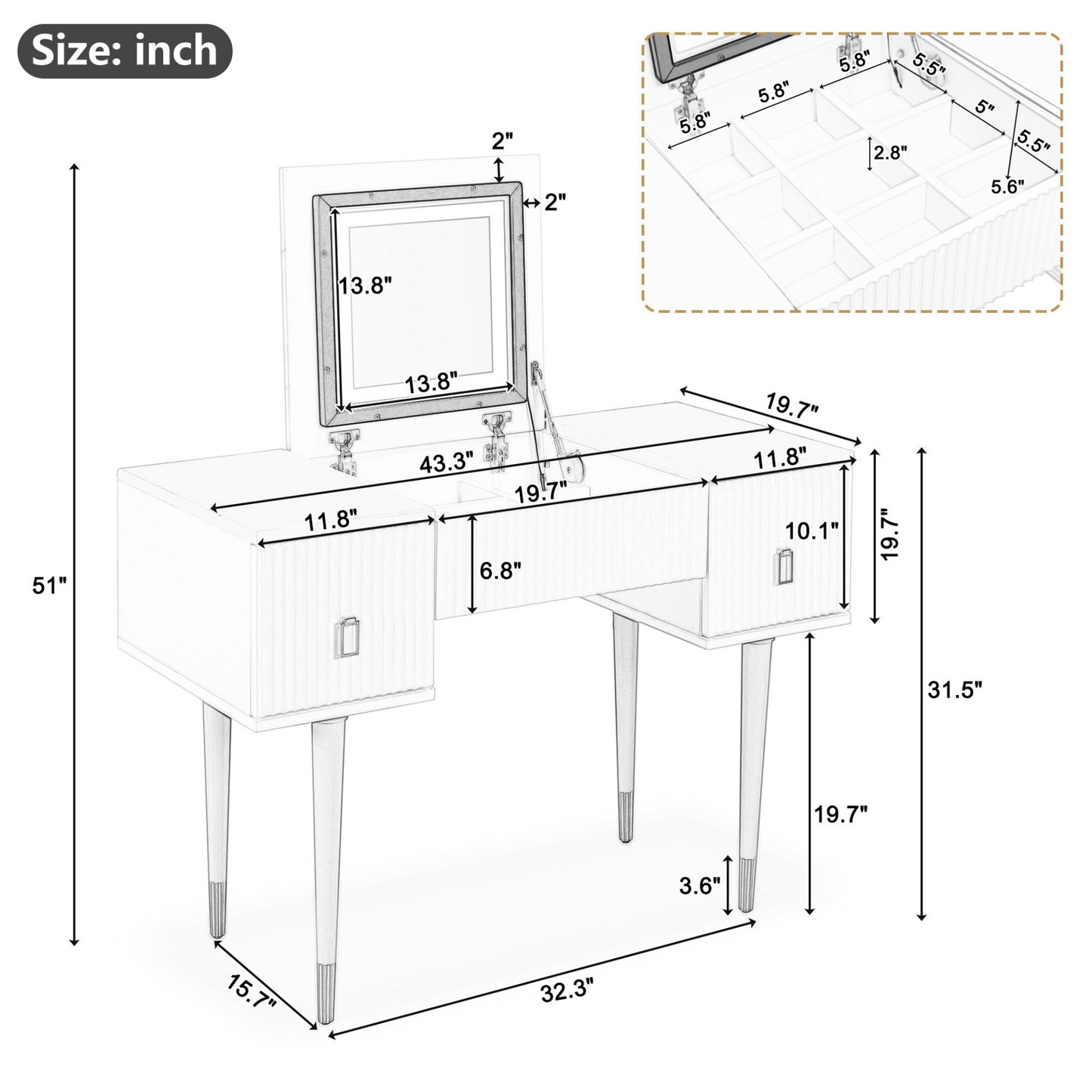 Modern Vanity Table Set w/Flip-top Mirror and LED Light