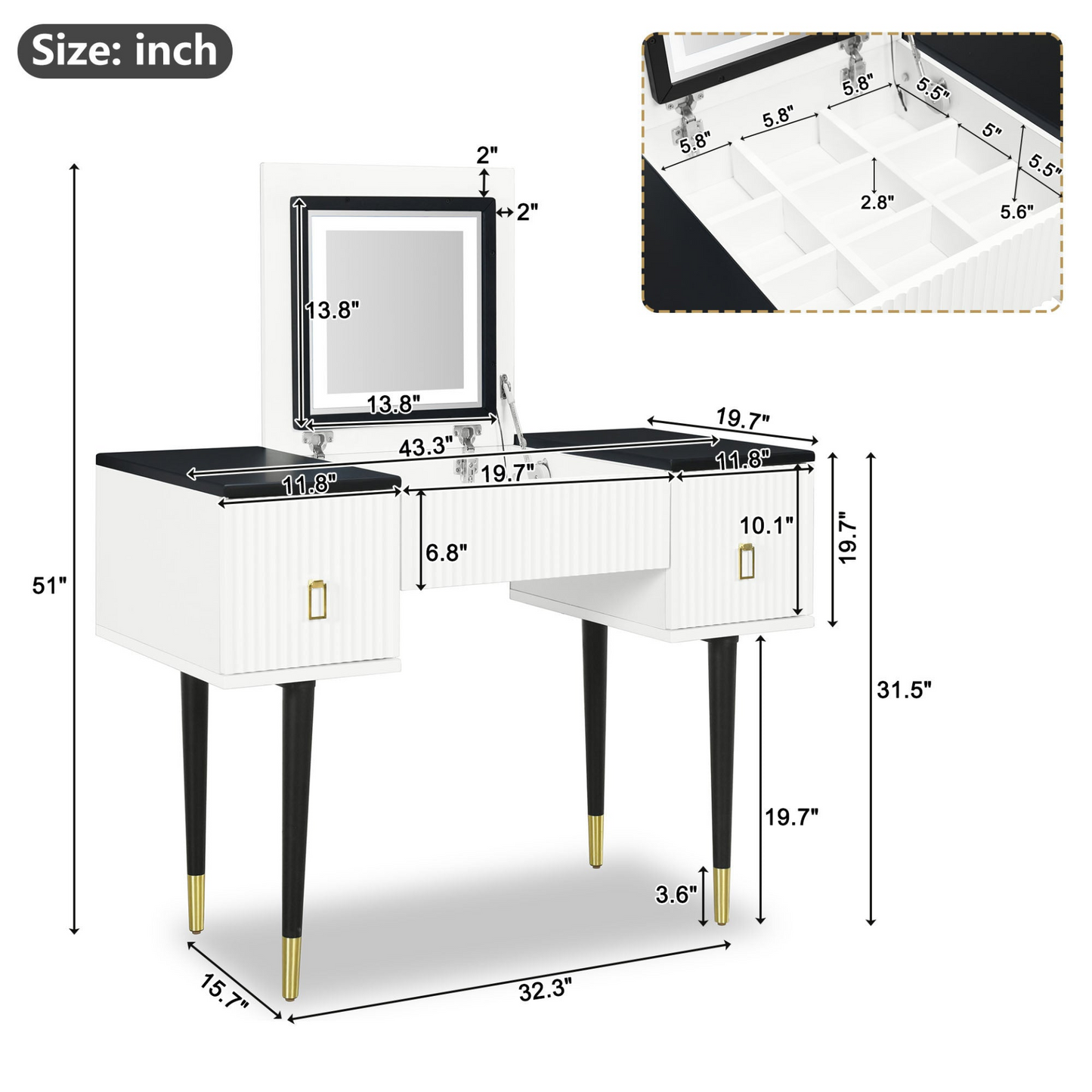 Modern Vanity Table Set w/Flip-top Mirror and LED Light