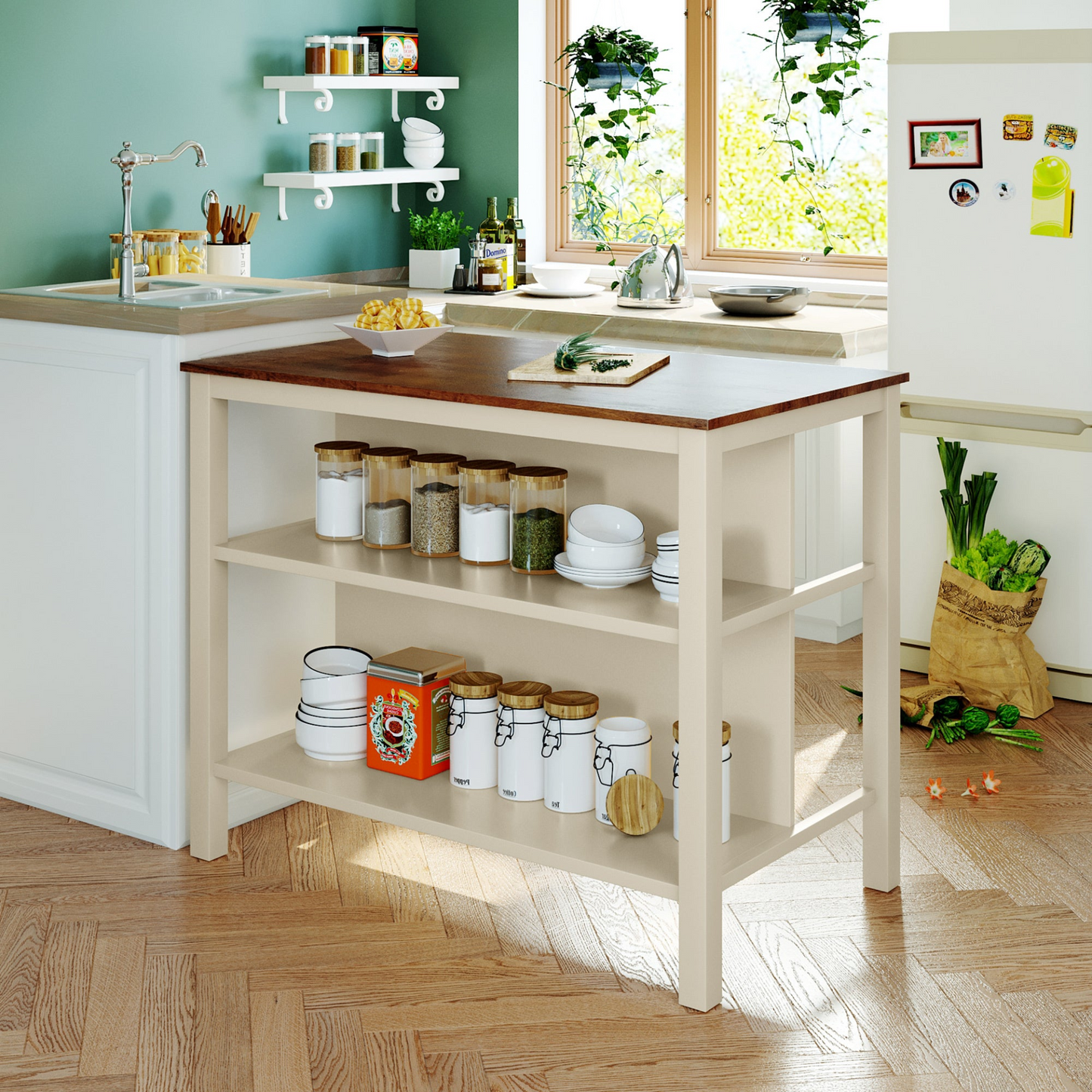 Solid Wood Rustic 45" Stationary Kitchen Island, Rubber Wood Butcher Block Dining Table Prep Table with 2 Open Shelves for Small Places,Walnut+Cream White