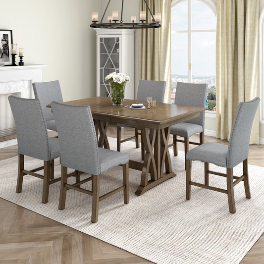 Mid-Century Solid Wood 7-Piece Dining Table Set Extendable Kitchen Table Set with Upholstered Chairs and 12" Leaf for 6, Golden Brown+Gray Cushion