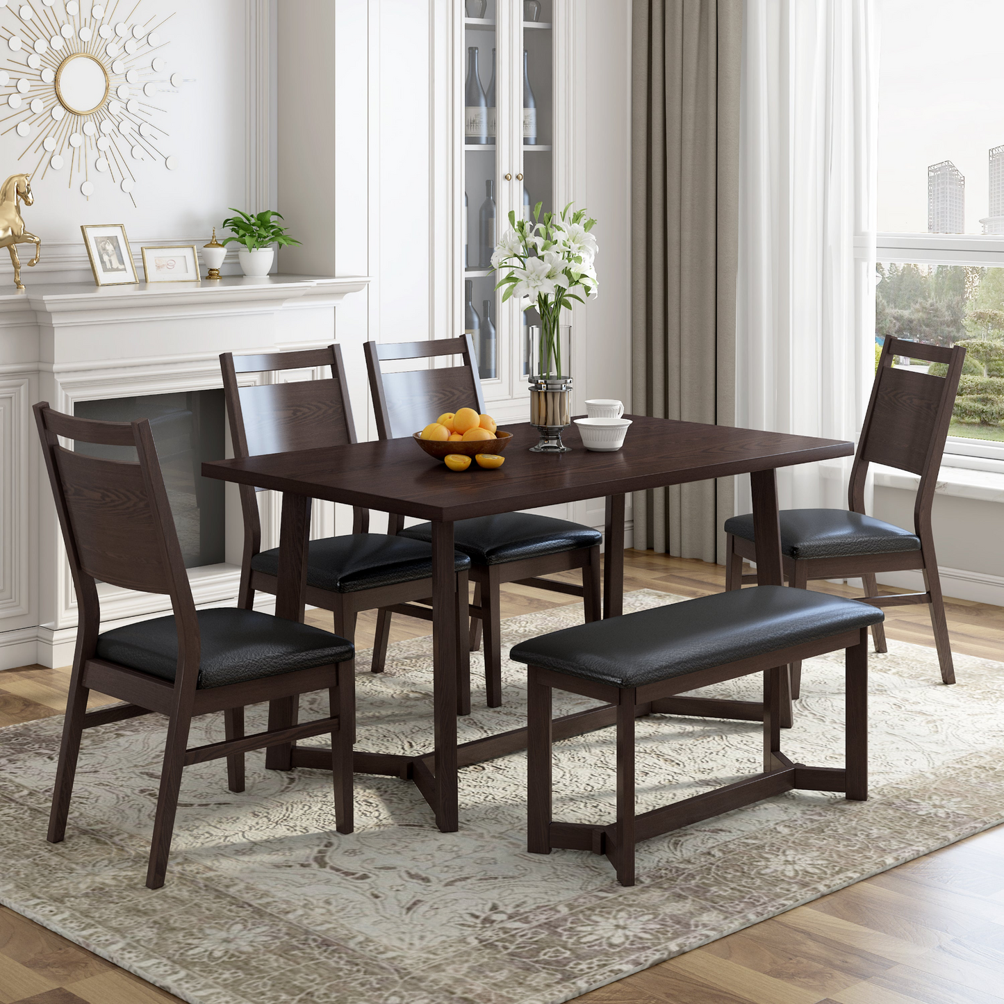 Farmhouse Dining Table Set w/Upholstered Chairs and Bench -6 pcs.