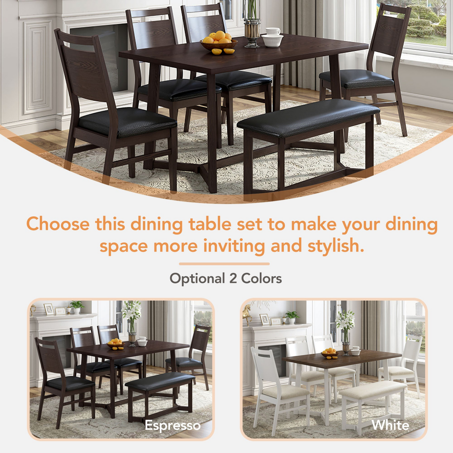 Farmhouse Dining Table Set w/Upholstered Chairs and Bench -6 pcs.