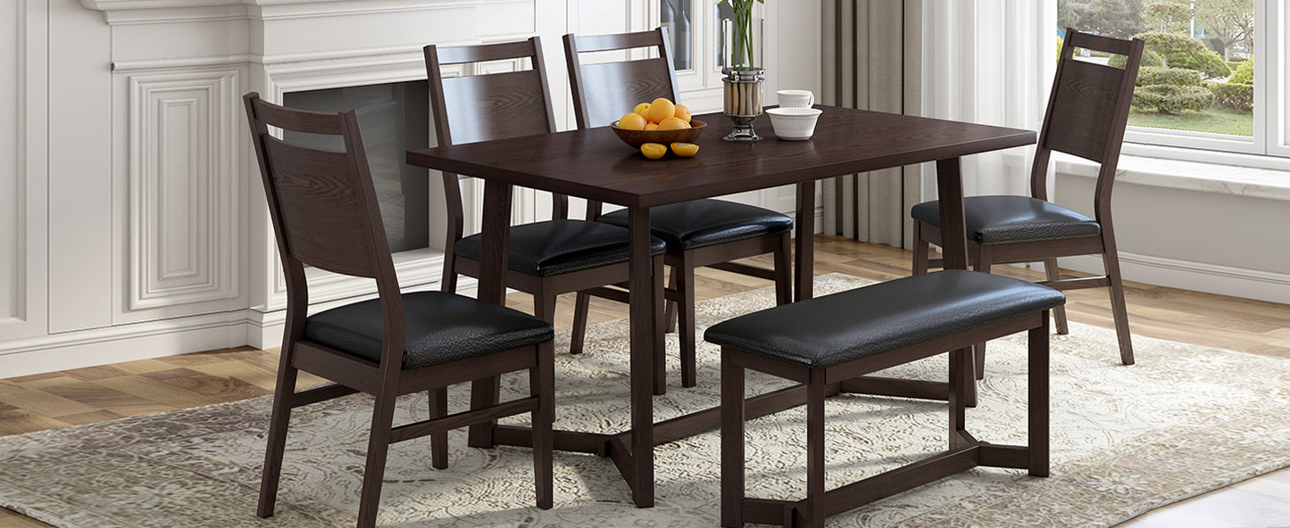 Farmhouse Dining Table Set w/Upholstered Chairs and Bench -6 pcs.