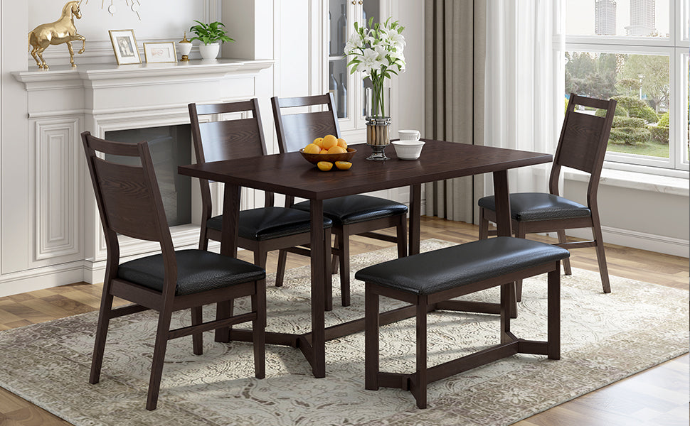 Farmhouse Dining Table Set w/Upholstered Chairs and Bench -6 pcs.