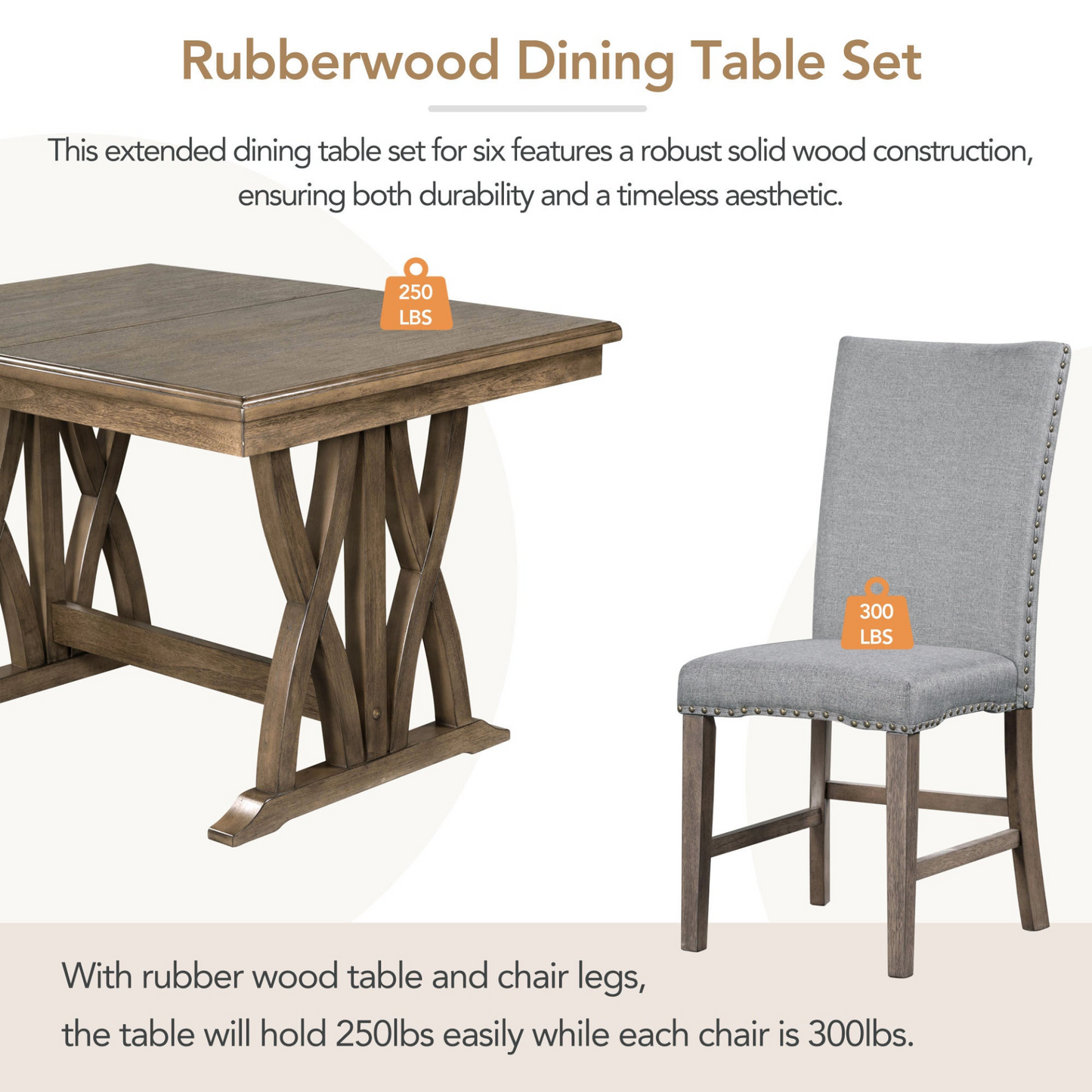 Mid-Century Solid Wood 7-Piece Dining Table Set Extendable Kitchen Table Set with Upholstered Chairs and 12" Leaf for 6, Golden Brown+Gray Cushion