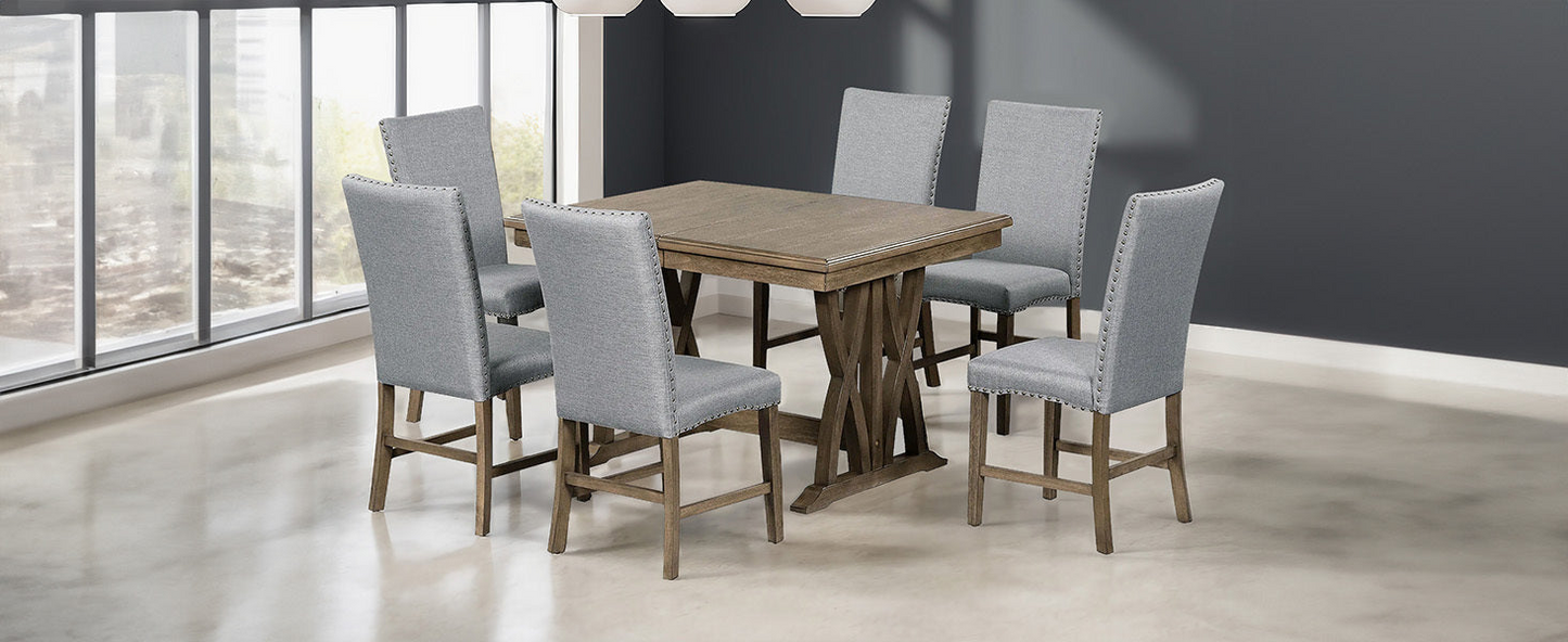 Mid-Century Solid Wood 7-Piece Dining Table Set Extendable Kitchen Table Set with Upholstered Chairs and 12" Leaf for 6, Golden Brown+Gray Cushion