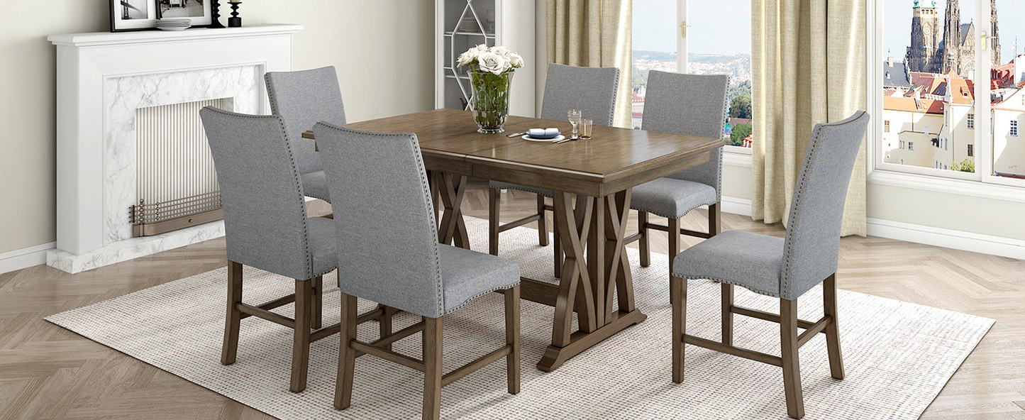 Mid-Century Solid Wood 7-Piece Dining Table Set Extendable Kitchen Table Set with Upholstered Chairs and 12" Leaf for 6, Golden Brown+Gray Cushion