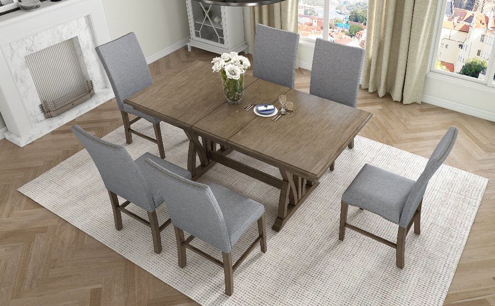 Mid-Century Solid Wood 7-Piece Dining Table Set Extendable Kitchen Table Set with Upholstered Chairs and 12" Leaf for 6, Golden Brown+Gray Cushion