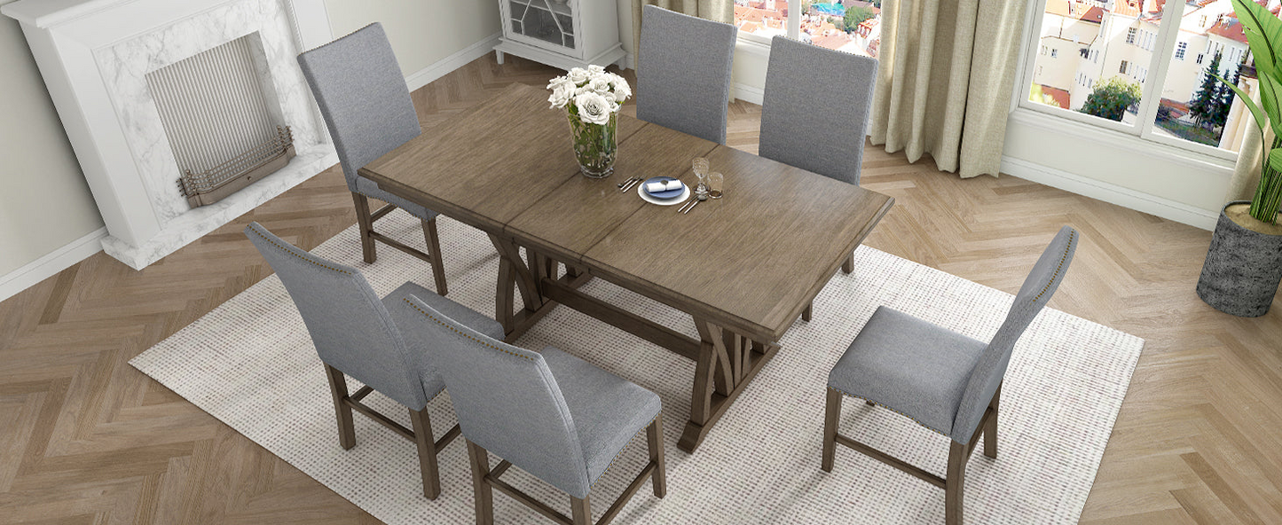 Mid-Century Solid Wood 7-Piece Dining Table Set Extendable Kitchen Table Set with Upholstered Chairs and 12" Leaf for 6, Golden Brown+Gray Cushion