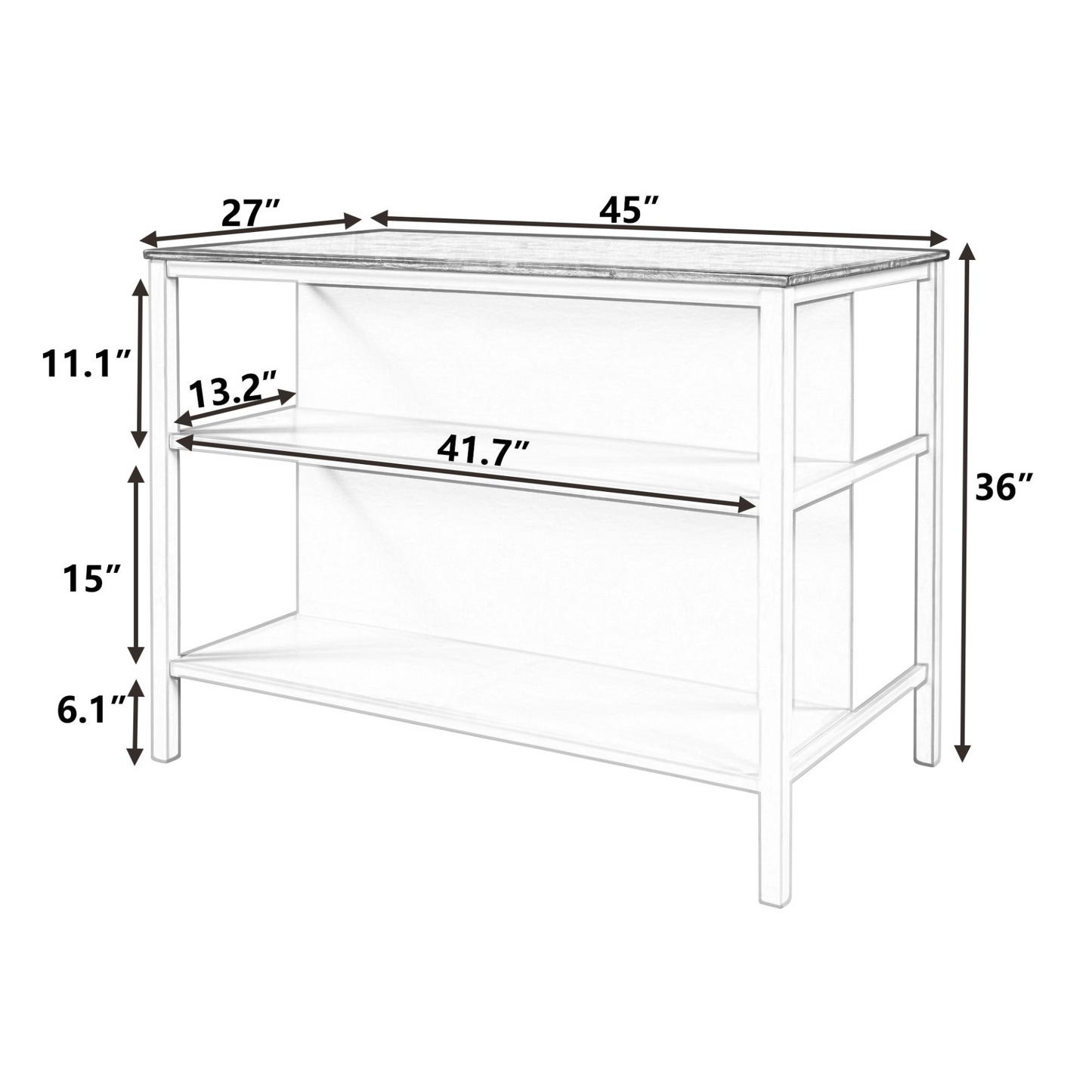 Solid Wood Rustic 45" Stationary Kitchen Island, Rubber Wood Butcher Block Dining Table Prep Table with 2 Open Shelves for Small Places,Walnut+Cream White