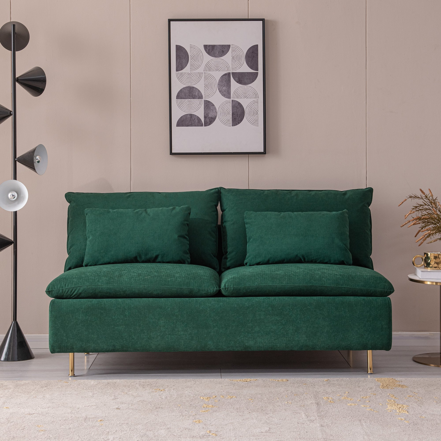 Modern Armless Loveseat Settee Bench, Emerald Cotton Linen