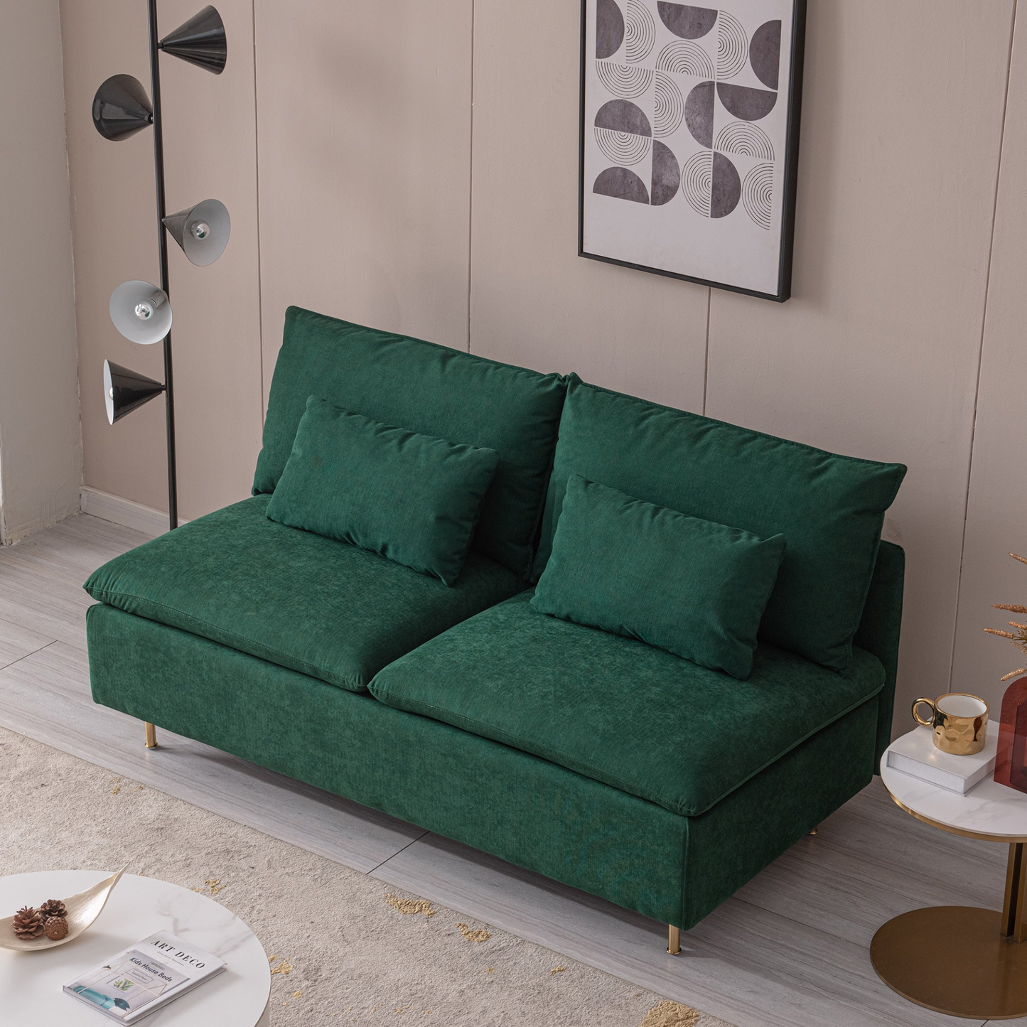 Modern Armless Loveseat Settee Bench, Emerald Cotton Linen