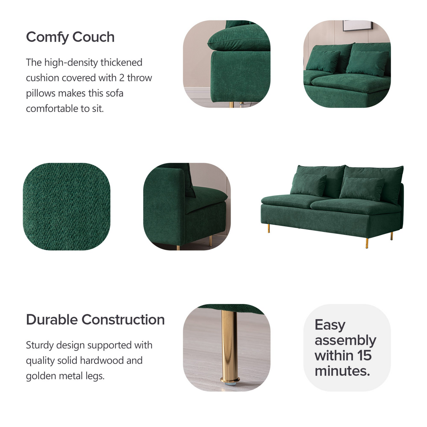 Modern Armless Loveseat Settee Bench, Emerald Cotton Linen