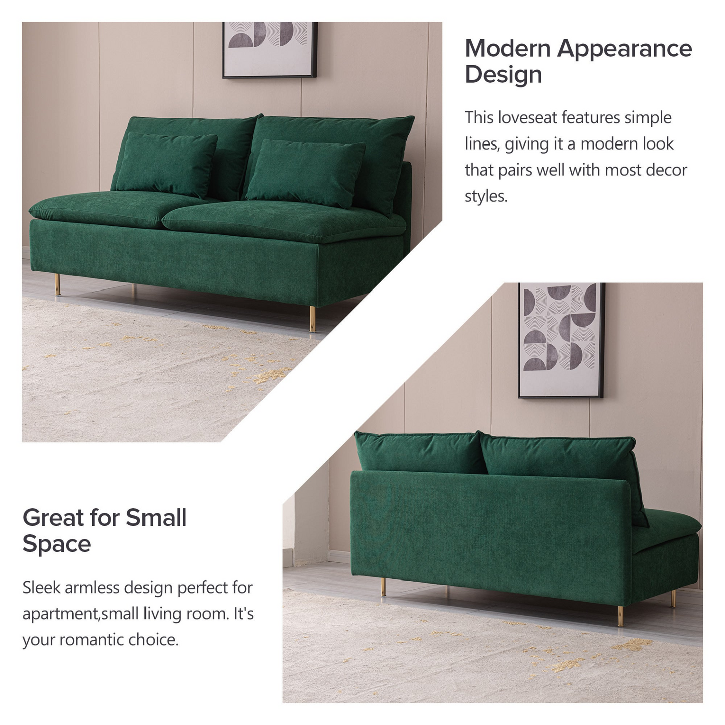 Modern Armless Loveseat Settee Bench, Emerald Cotton Linen