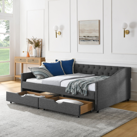 Daybed w/Drawers Upholstered Tufted w/Button on Back and Copper Nail on Waved Shape Arms (FullSize)