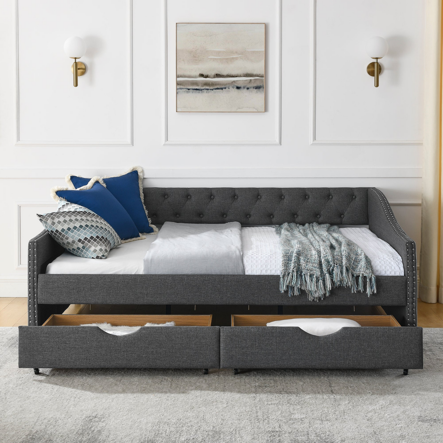 Daybed w/Drawers Upholstered Tufted w/Button on Back and Copper Nail on Waved Shape Arms (FullSize)