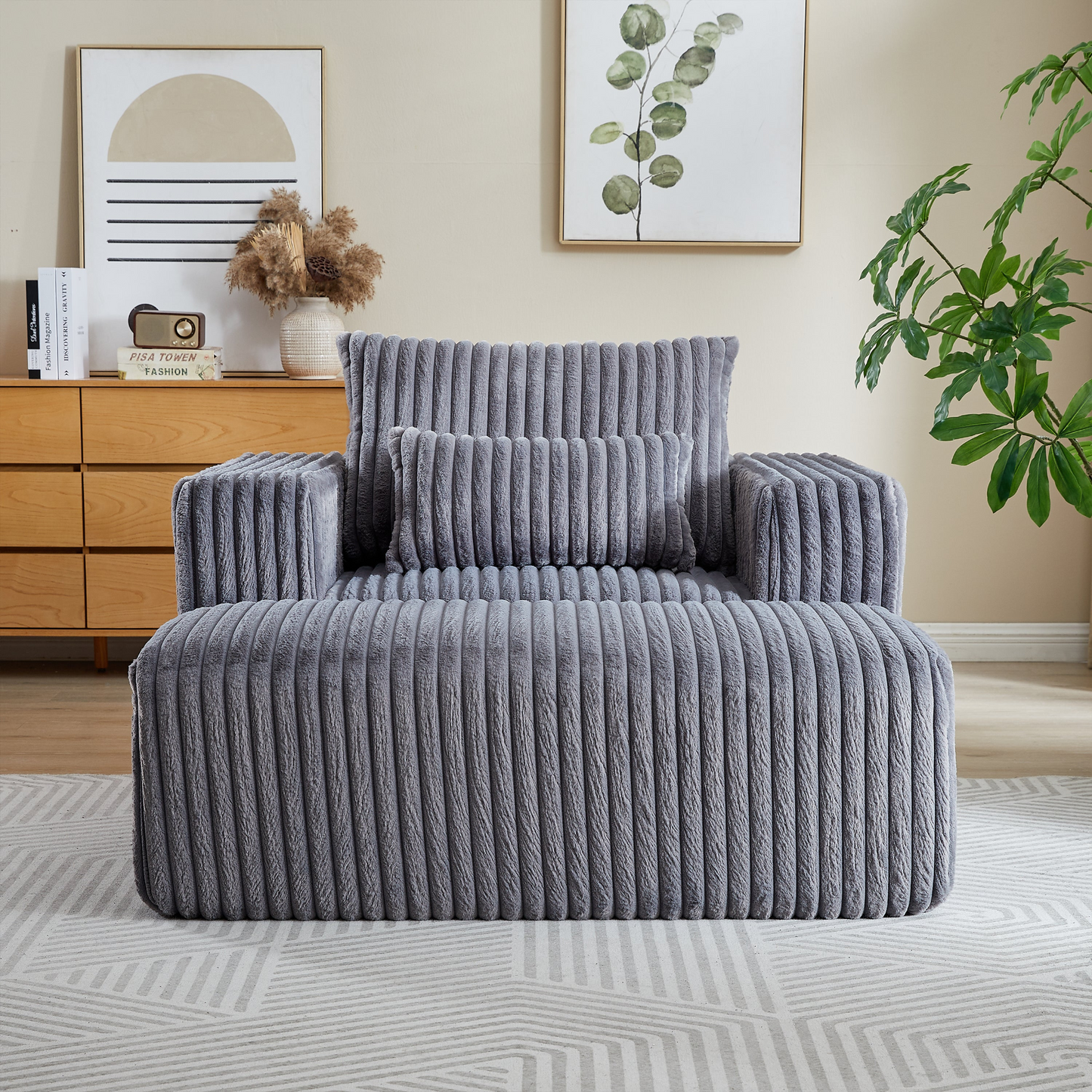 Corduroy Sponge Lounge Chair w/Removable Footrest, Fluffy Modern Sleeper Chair