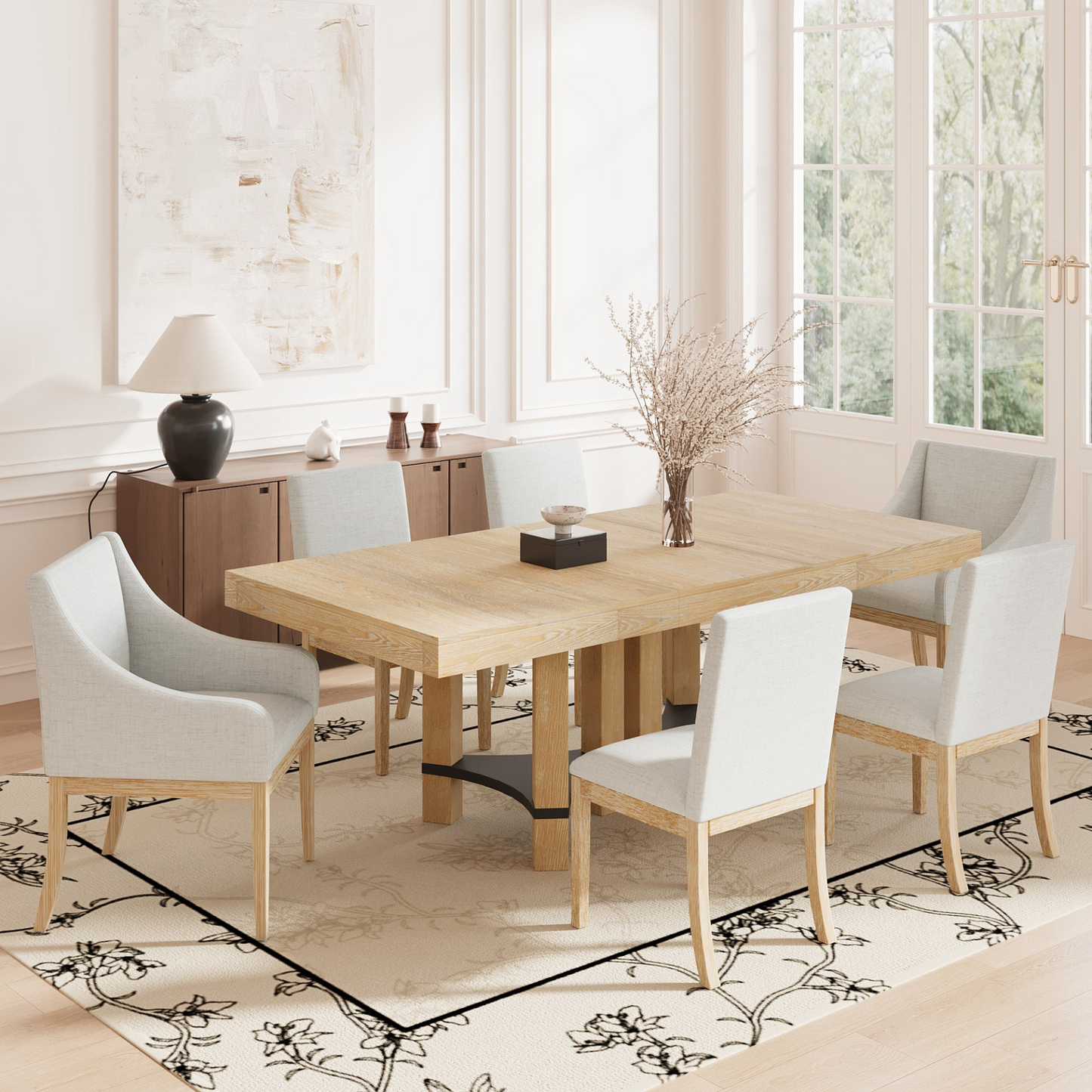 Rustic 7-Piece 76.4inch Extendable Dining Table Set with 18inch Removable Leaf, 2 Arm Chairs and 4 Armless Chairs, Natural