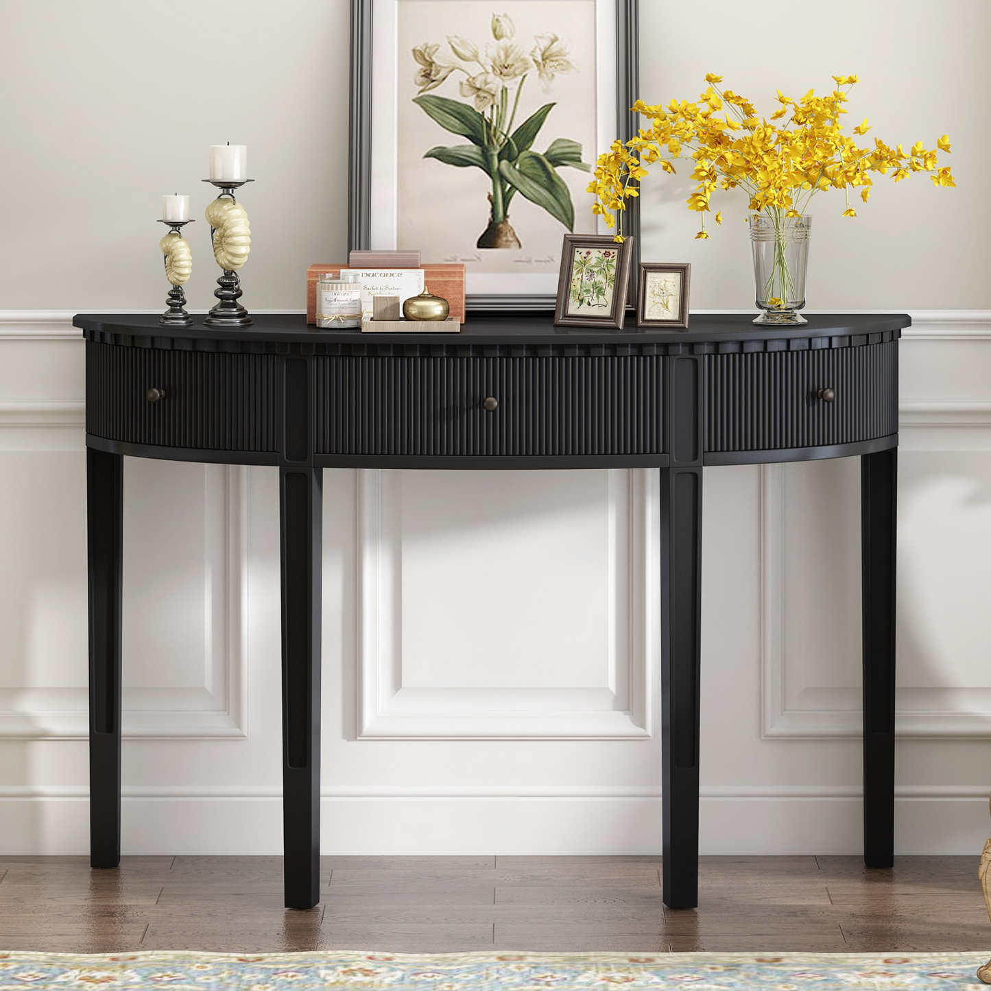 Distinctive Features of Pine Veneer Console Table with Vertical Stripe Drawer Fronts and Four Legs