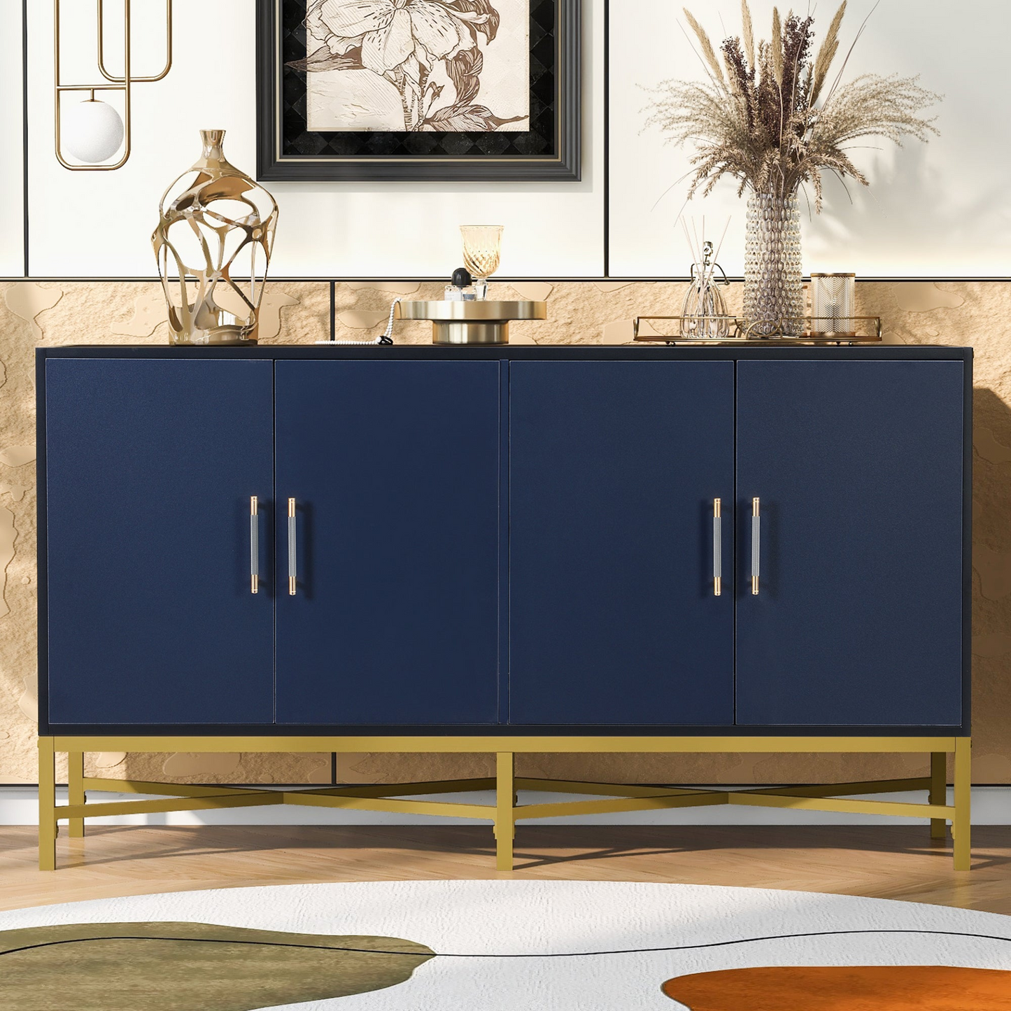 Four-Door Sideboard w/Metal and Cross-Leg Design