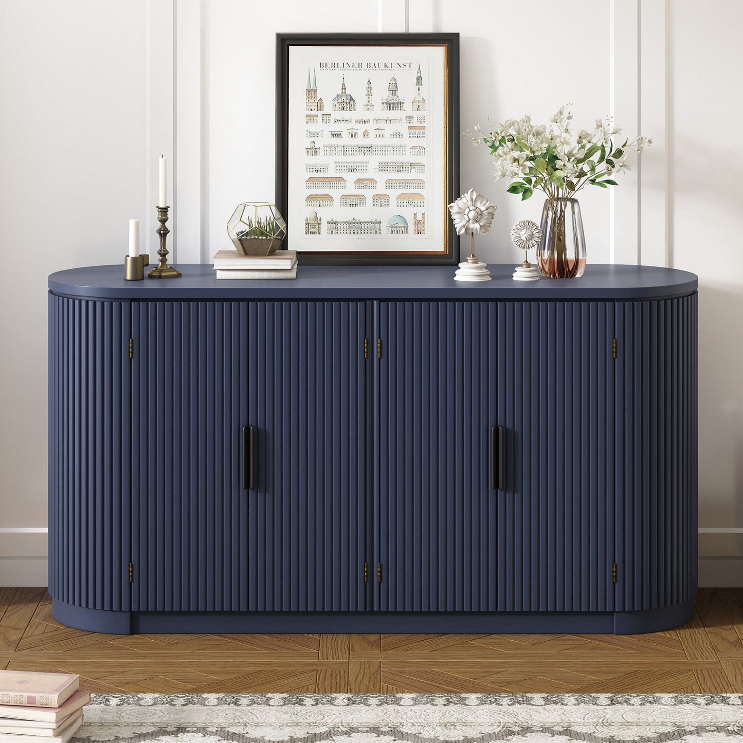 Vertical Striped Door Storage Cabinet with Metal Handles, Adjustable, Suitable for Study, Entryway and Living Room