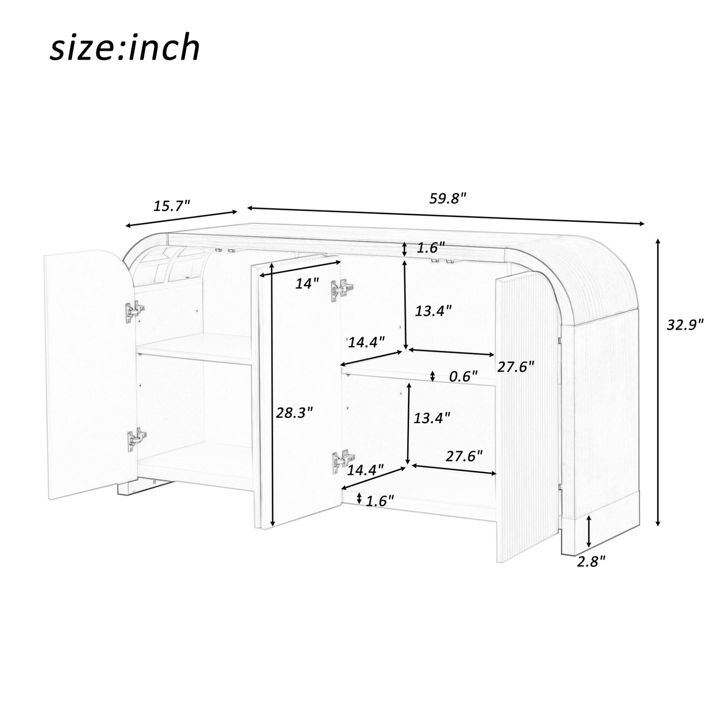 4-door Curved Corner Design Wavy Door Panel Cabinet w/Adjustable Shelves